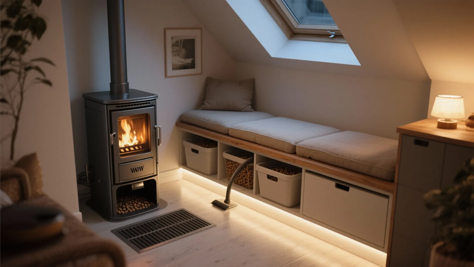 Compact hearth nook with a storage bench near a pellet stove, all set beyond clearance lines.