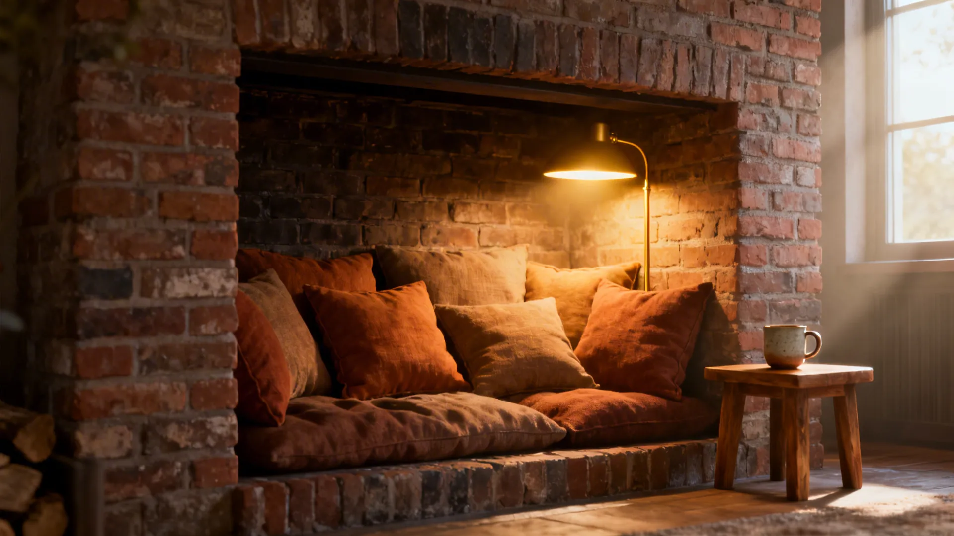 Fireplace recess converted into a cozy reading nook with cushions and a warm lamp.