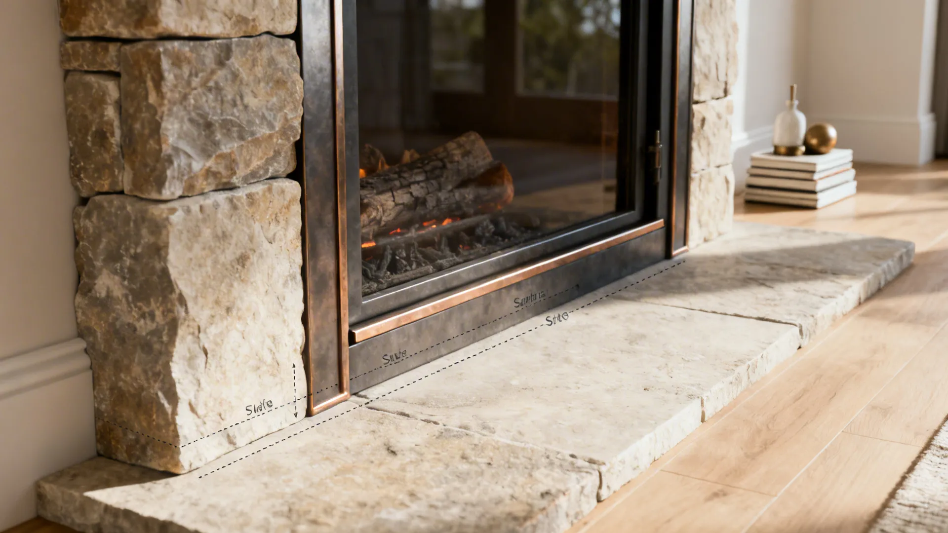 Hearth detail showing heat-resistant stone surround and safe decor placement.