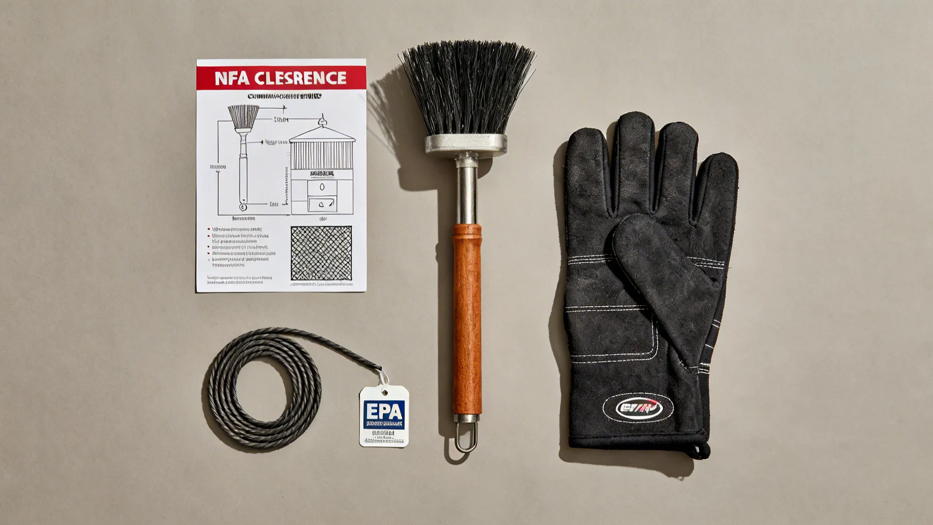 Flat lay of hearth safety and maintenance items including brush, spark guard mesh, gloves, and gasket rope.