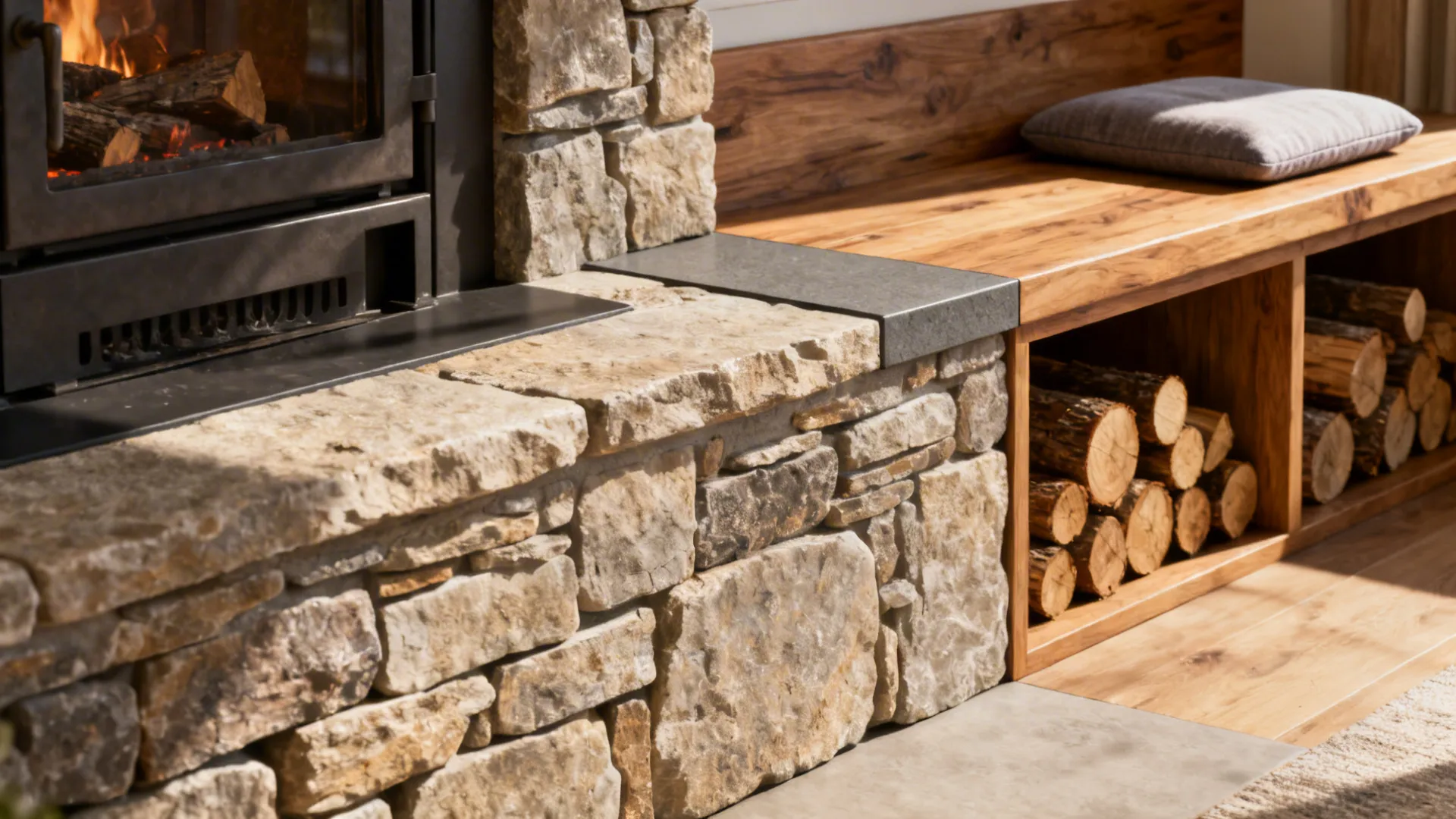 Hearth integrated with a timber bench and storage cubbies for firewood next to a wood burner.