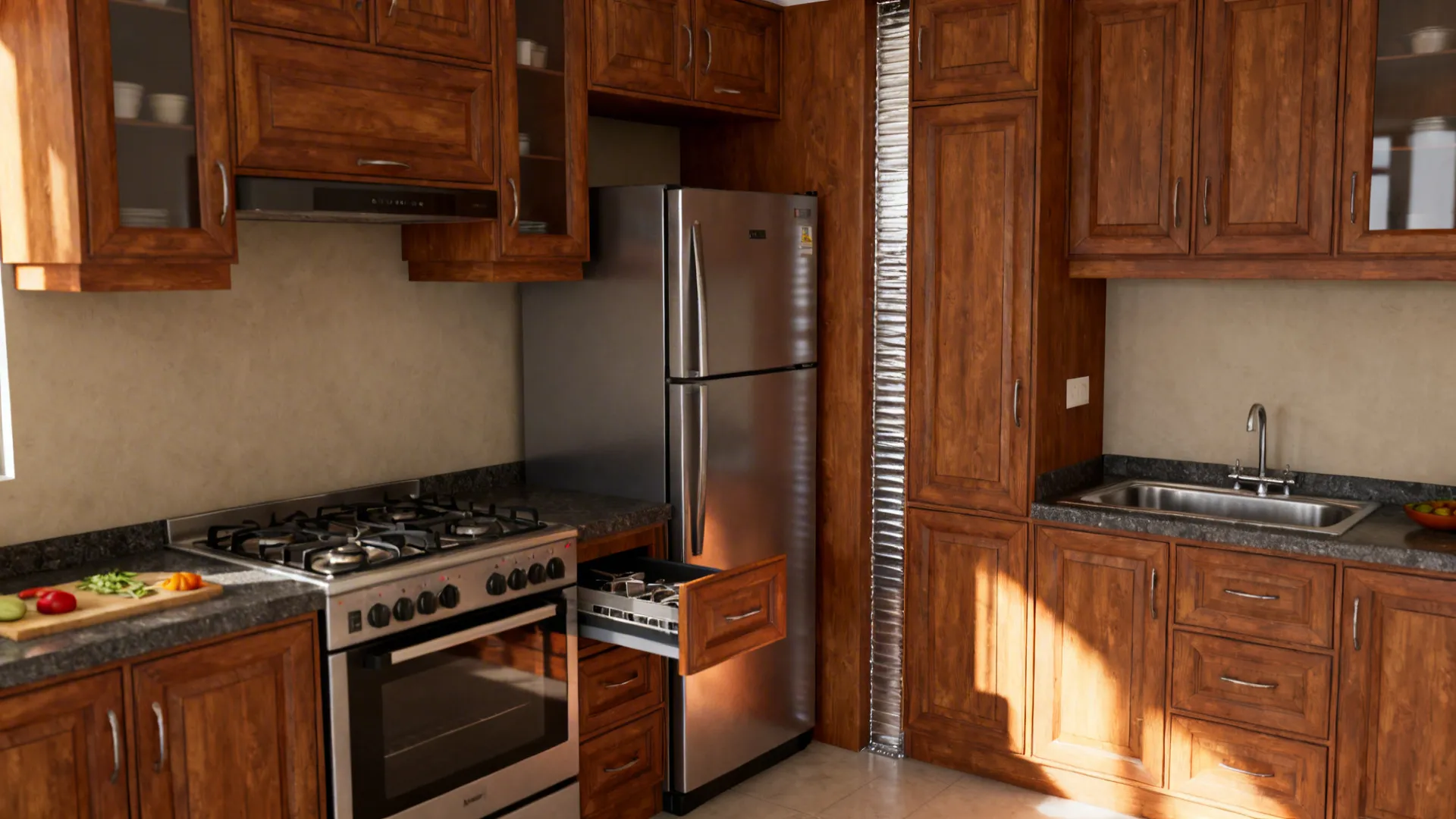 Fridge placed away from the hob with a narrow pullout buffer in a modern Indian kitchen.
