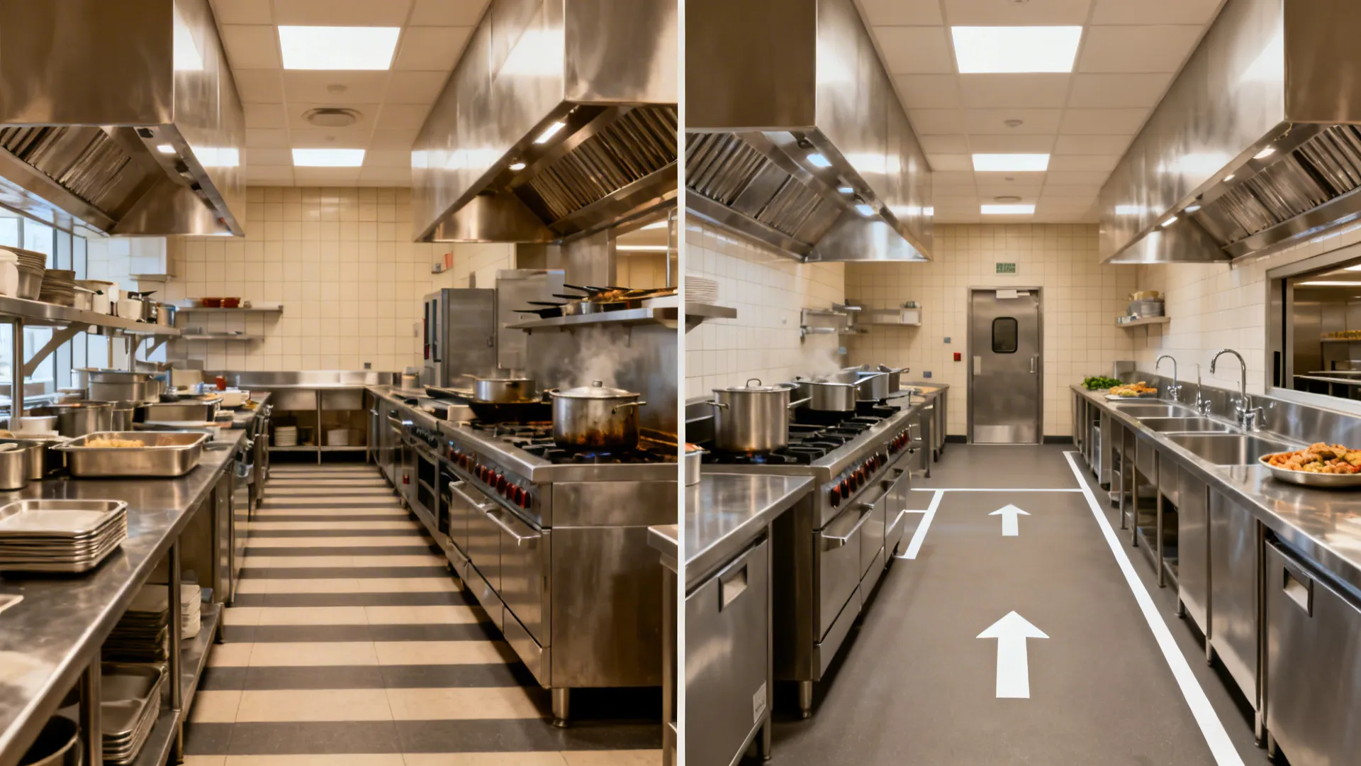 Before-after of hotel kitchen zoning showing separated hot, cold, and wash areas for safer flow.