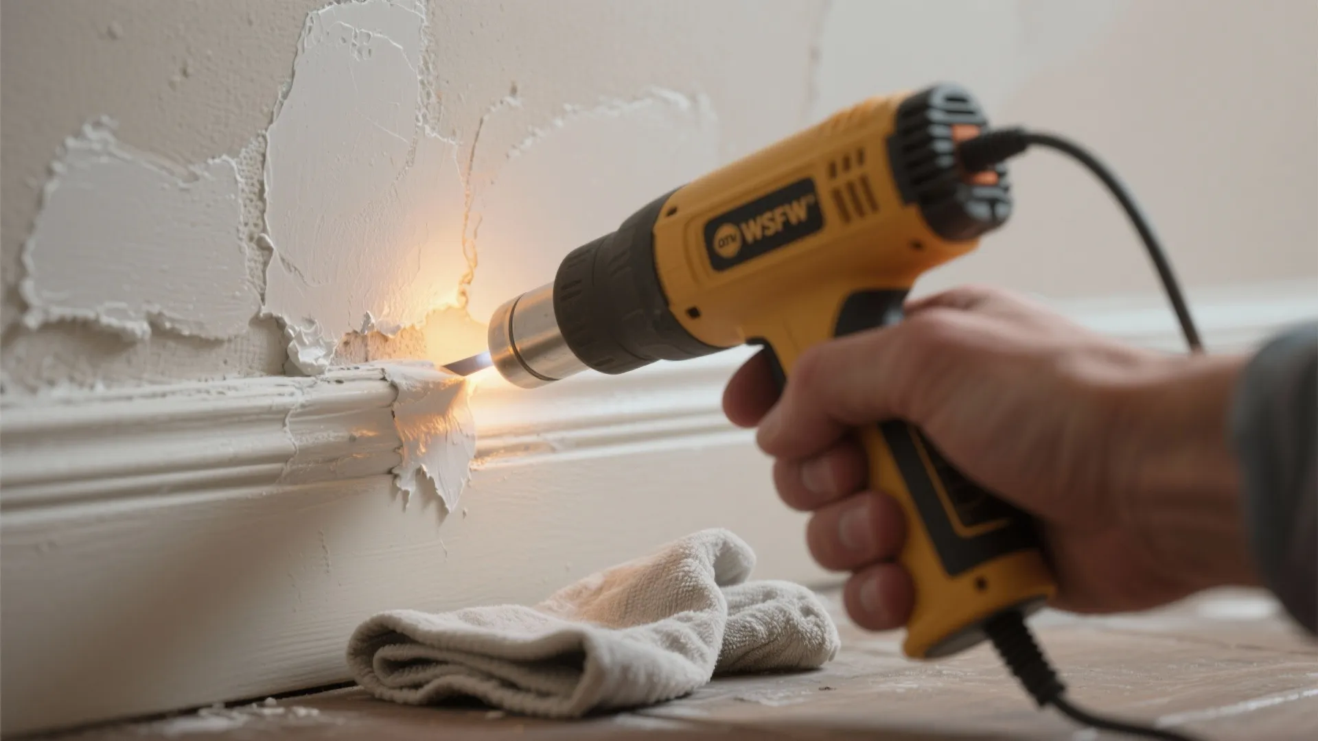 Hand holding yellow heat gun to remove old white paint from a decorative wall panel
