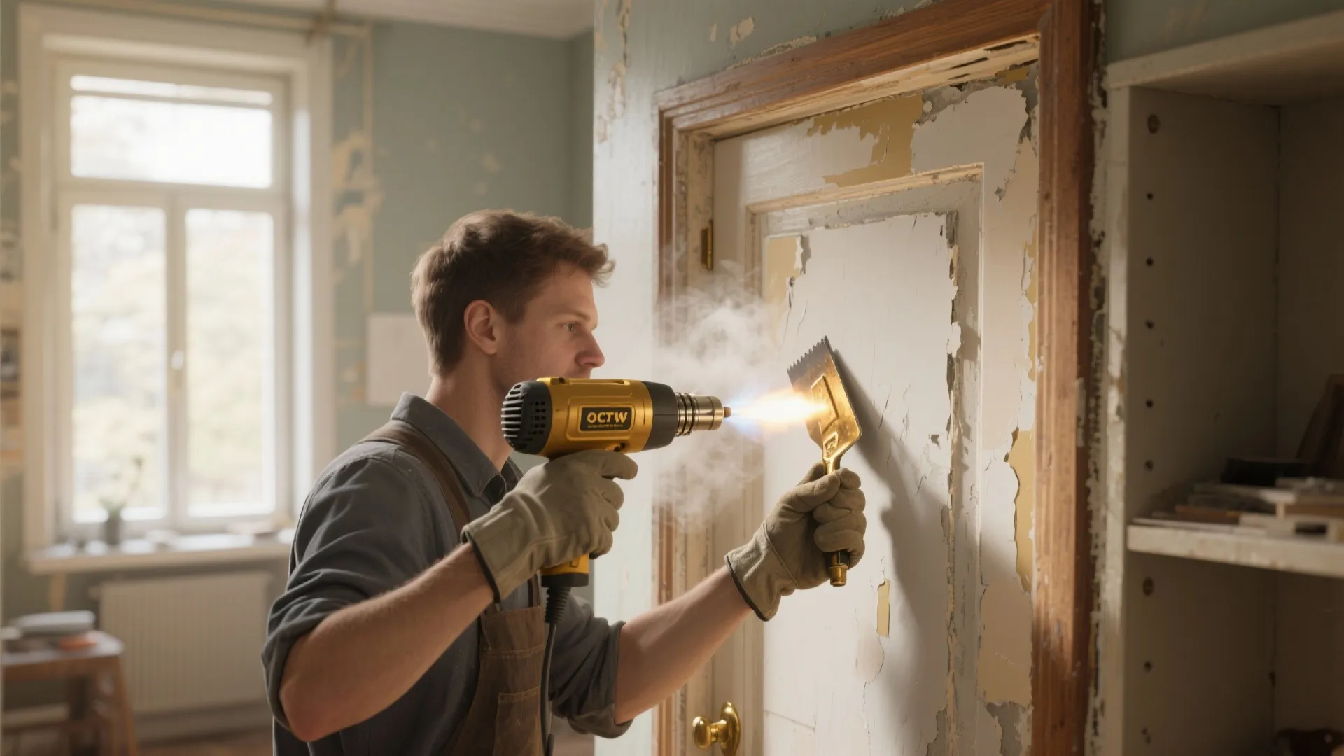 Man using a yellow heat gun and metal scraper to remove old paint from door