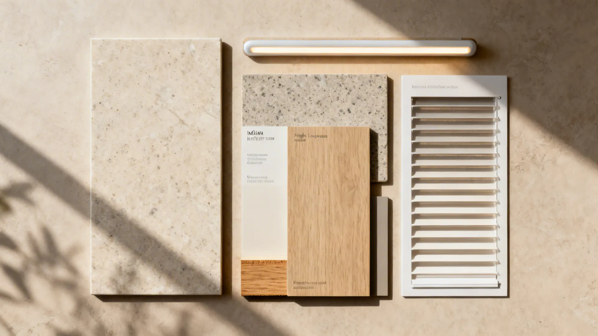 Flat lay of quartz, sintered stone, HPL, acrylic shutter, marine plywood edge, and LED diffuser.