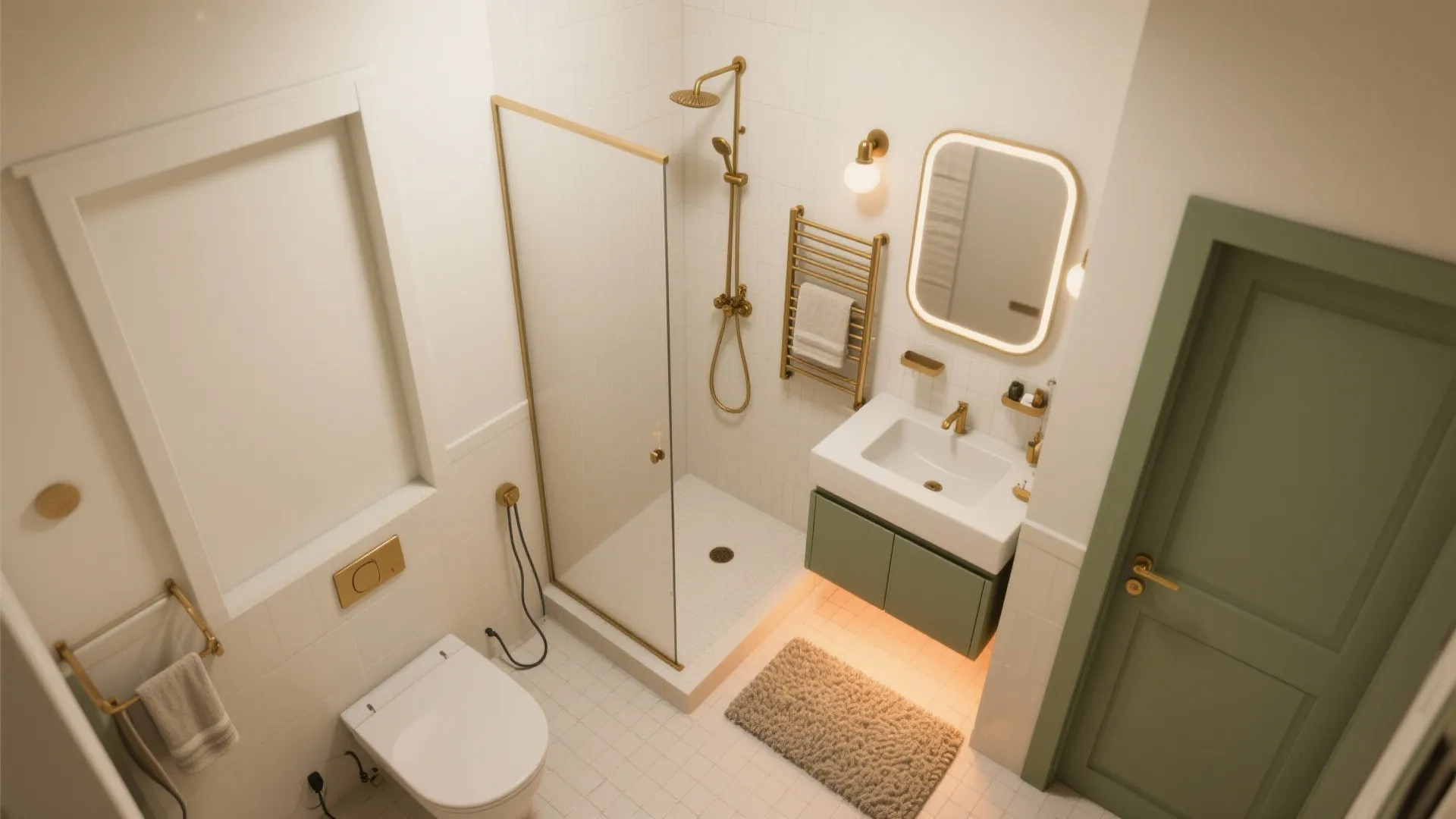 Top-down small bathroom layout with heated towel rail and radiant floor zones.