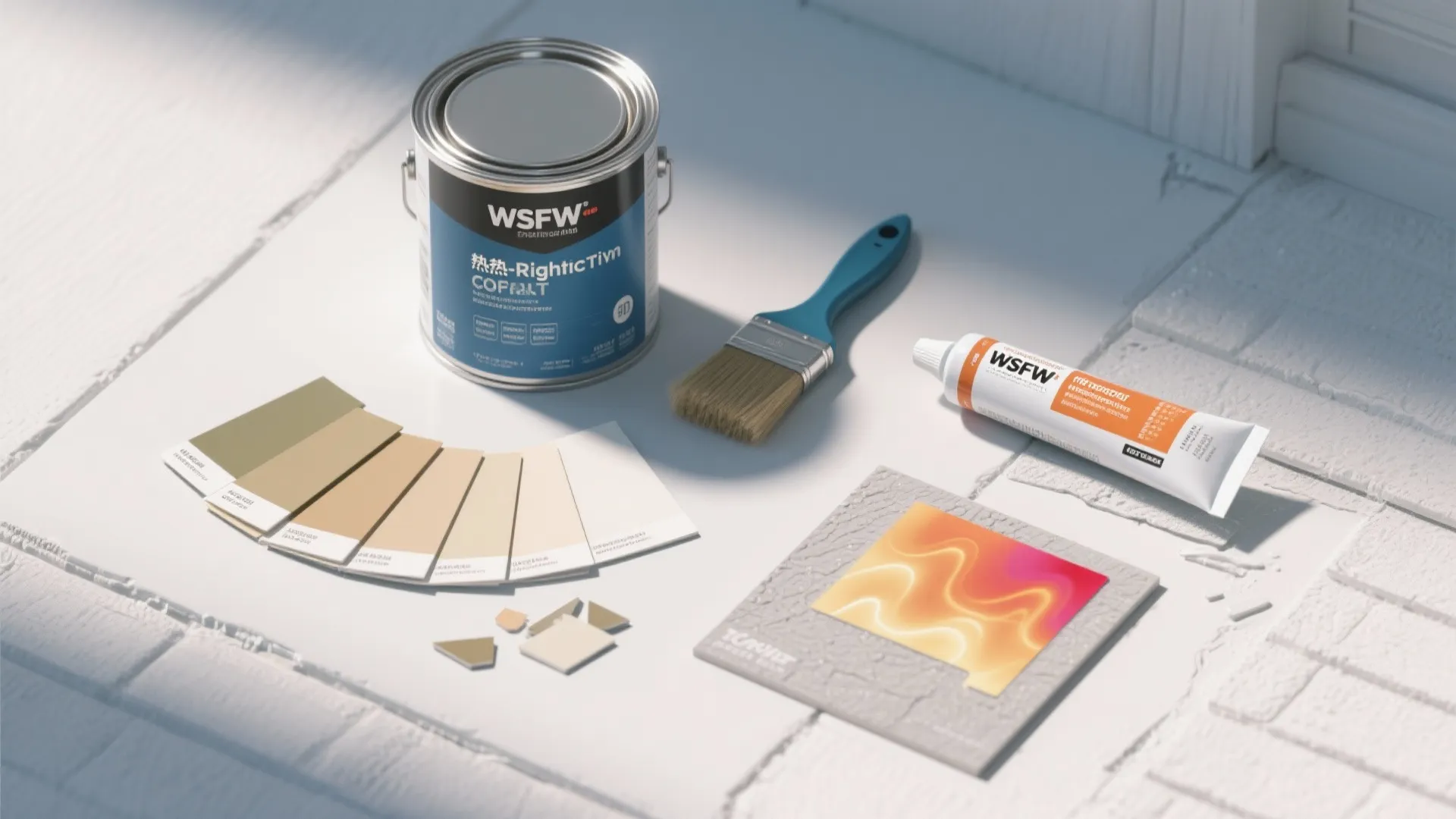 Top-down flatlay of heat-reflective paint samples and mildew-resistant coatings with thermal overlay mockup.