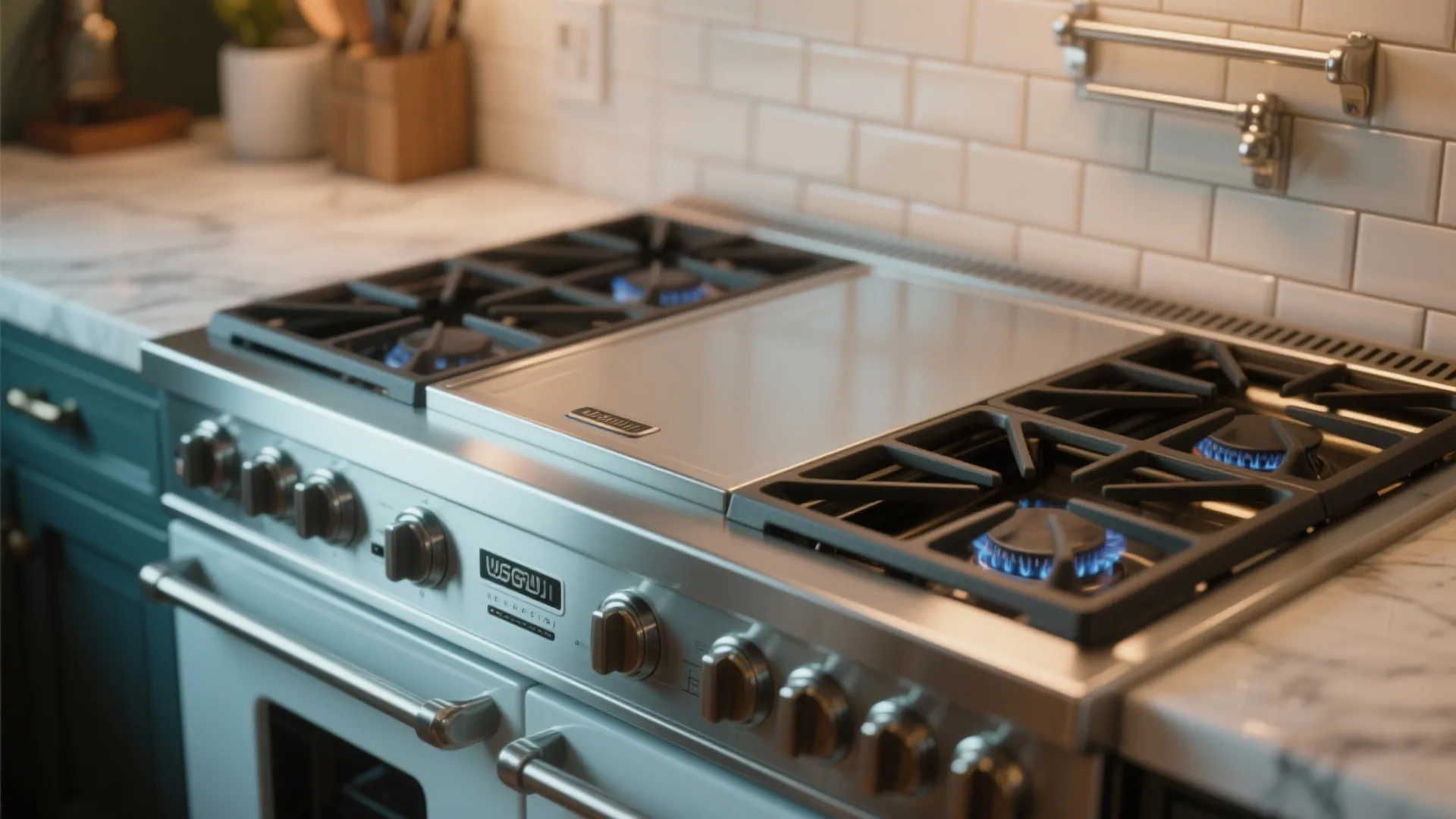 Stainless steel gas stove with burning blue flames and white subway tile wall in kitchen