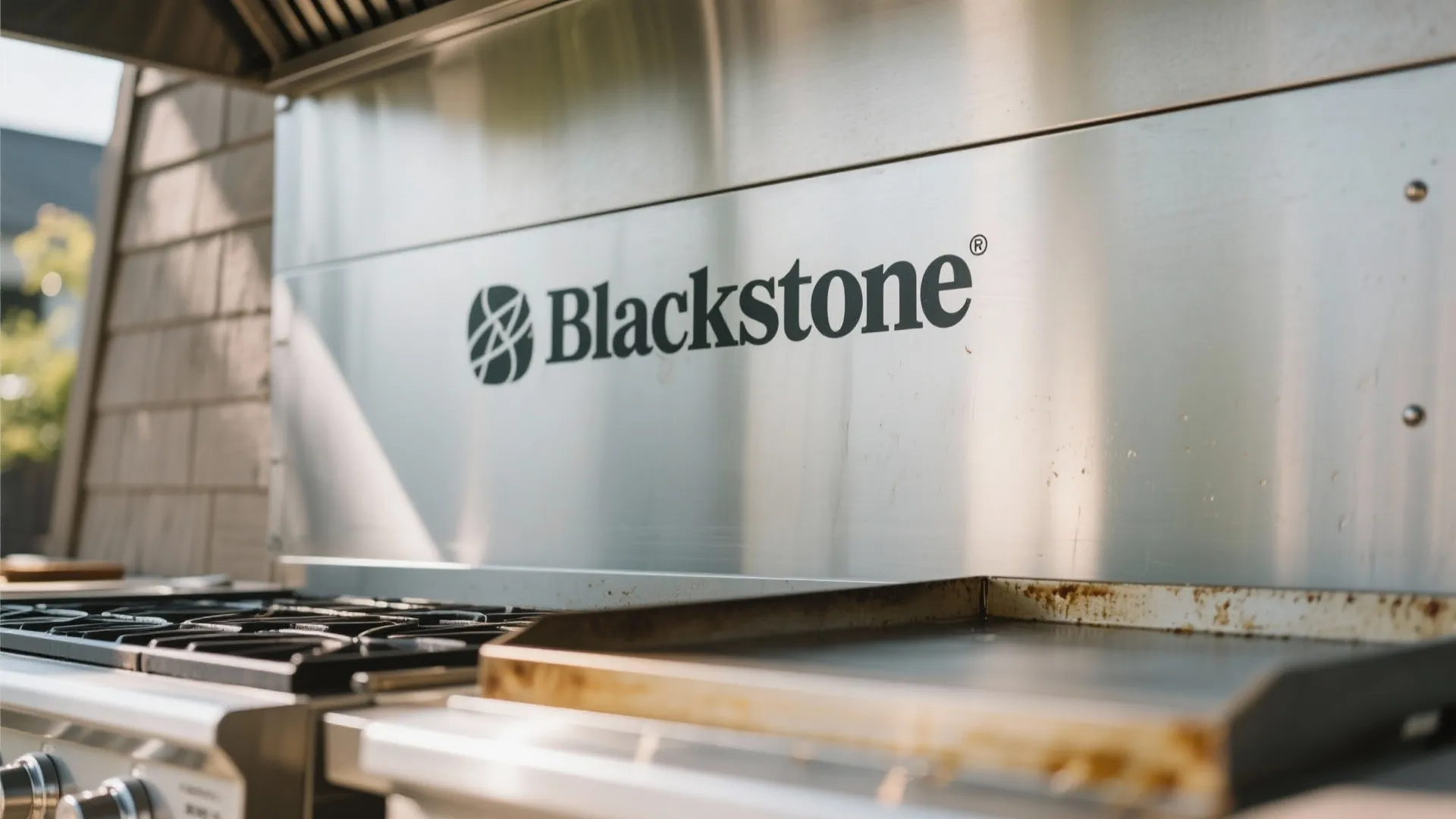 Stainless steel wall panel behind an outdoor grill featuring the black brand name printed clearly