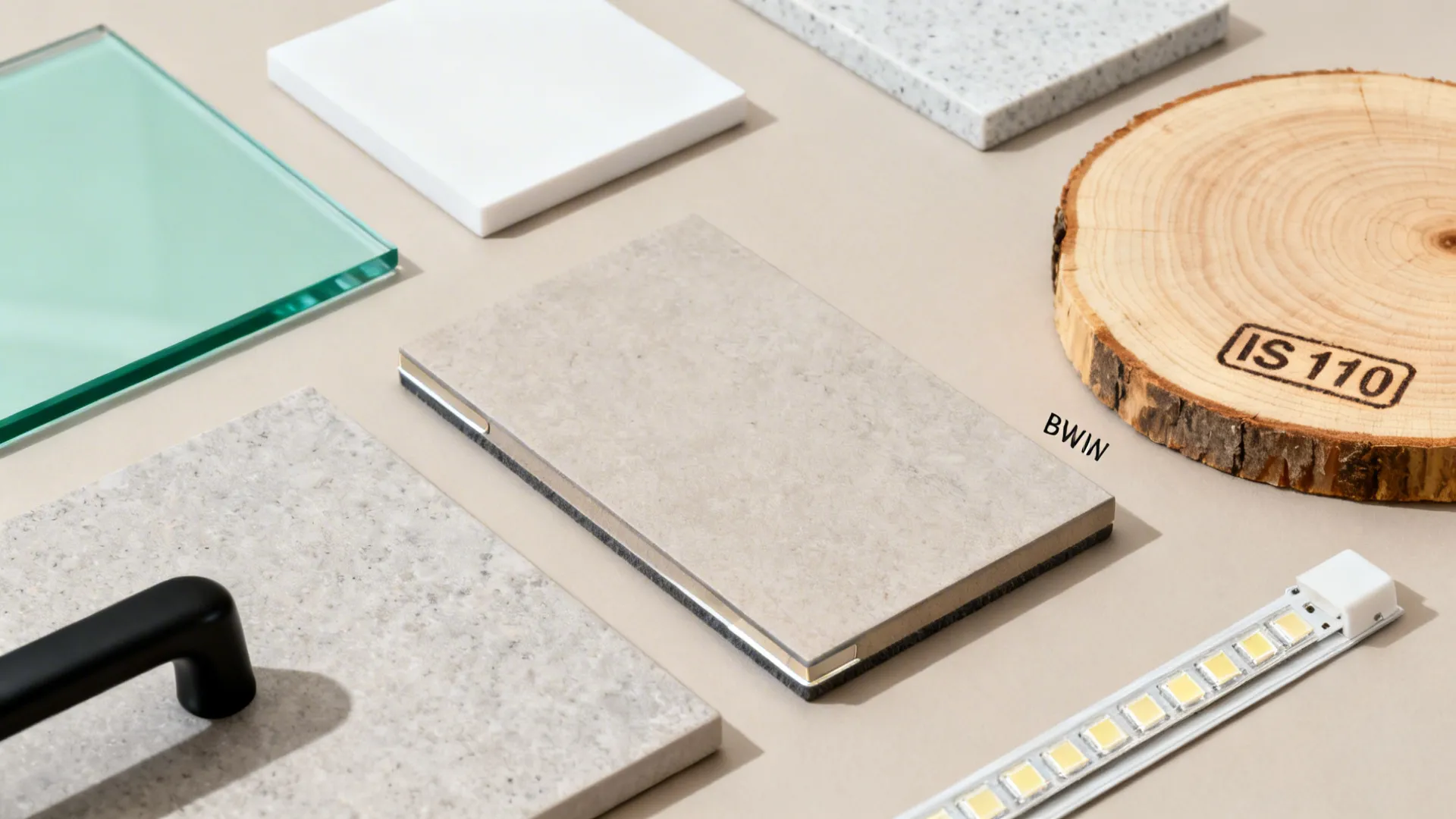 Flatlay of tempered glass, quartz, sintered stone, compact laminate, and matte black hardware.