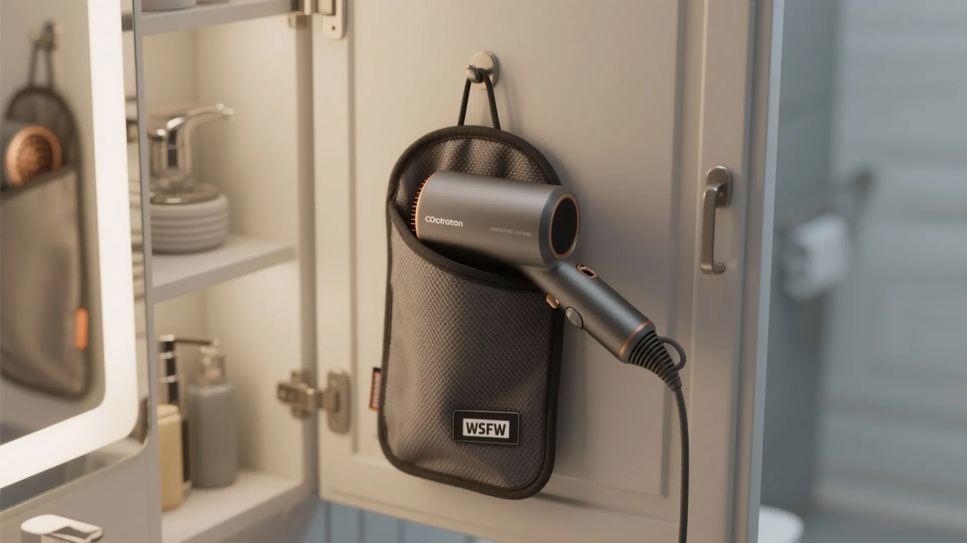 Modern grey hair dryer inside a heat resistant hanging pouch on a white bathroom cabinet