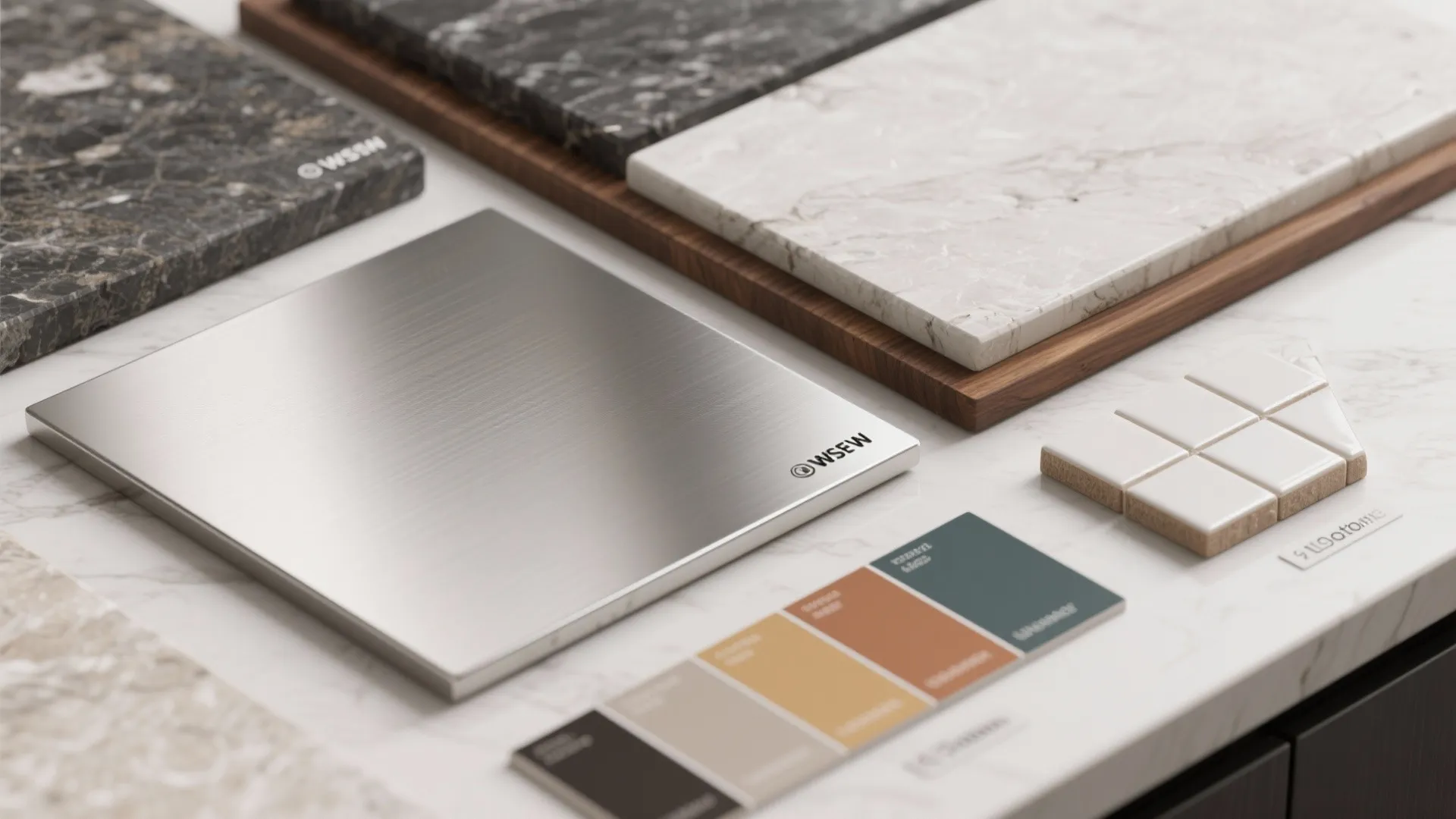 Close up of material samples including metal plate marble tiles wood board and color swatches