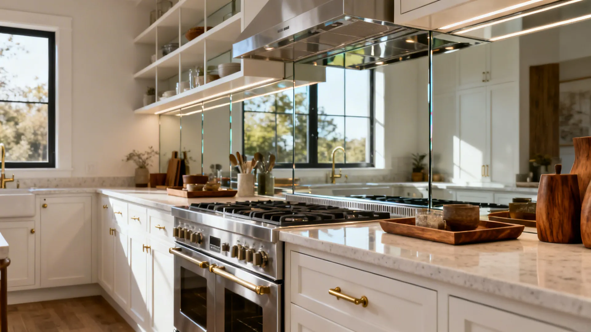 Low-iron tempered mirrored backsplash reflecting daylight with a heat-safe panel at the cook zone.