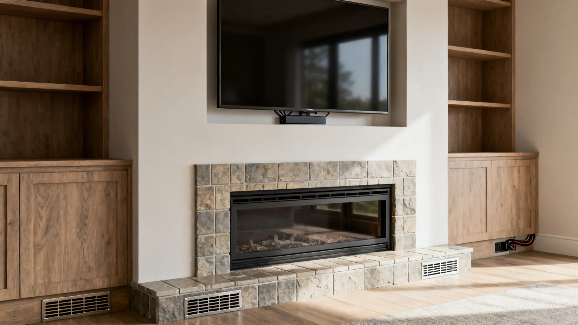 Built-in media wall with a heat-safe recessed TV niche and vented mantel in a neutral family room.