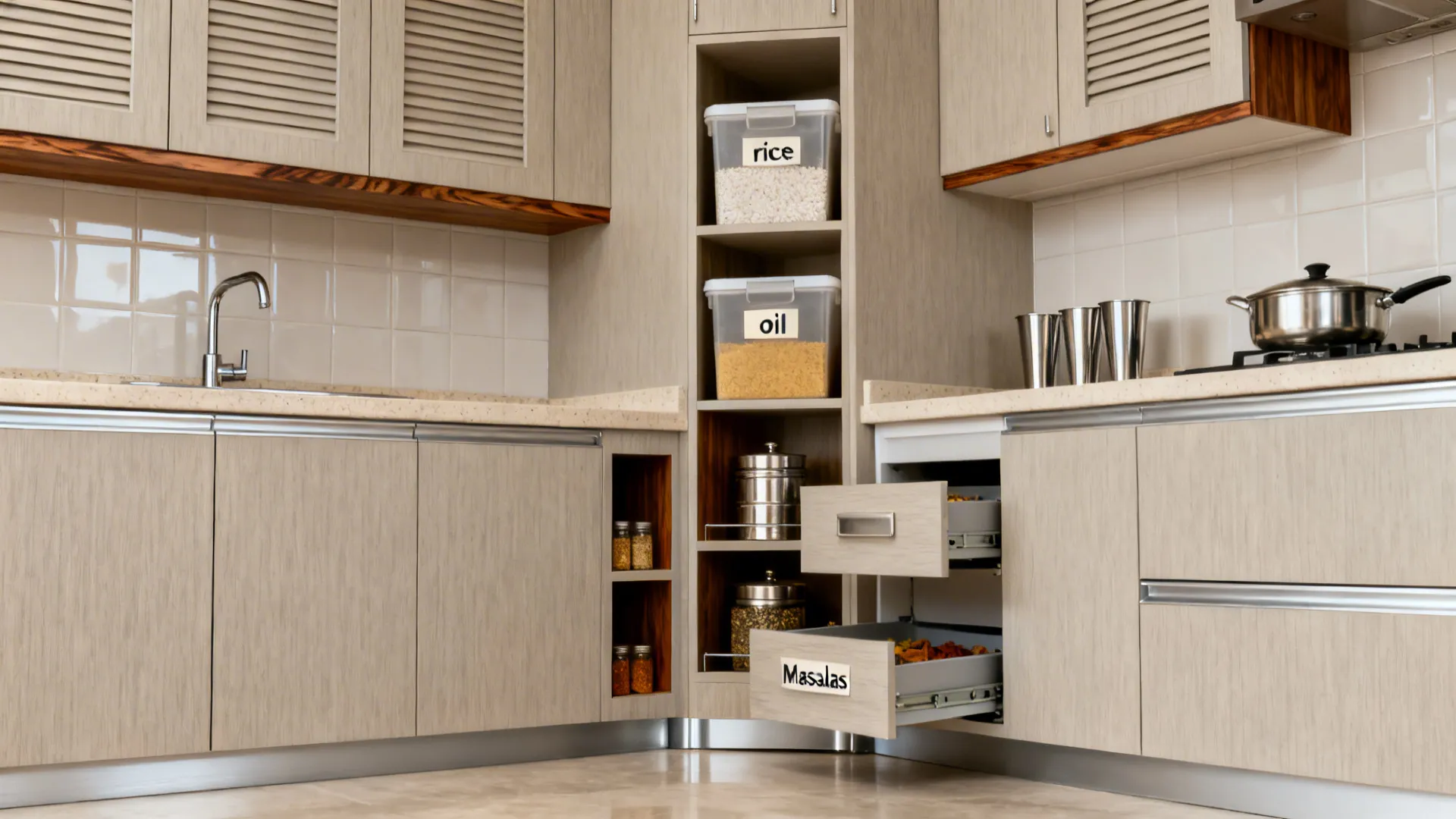 Compact kitchen with closed matte greige cabinets, tall pantry pull-out, and steel vessel cubbies.