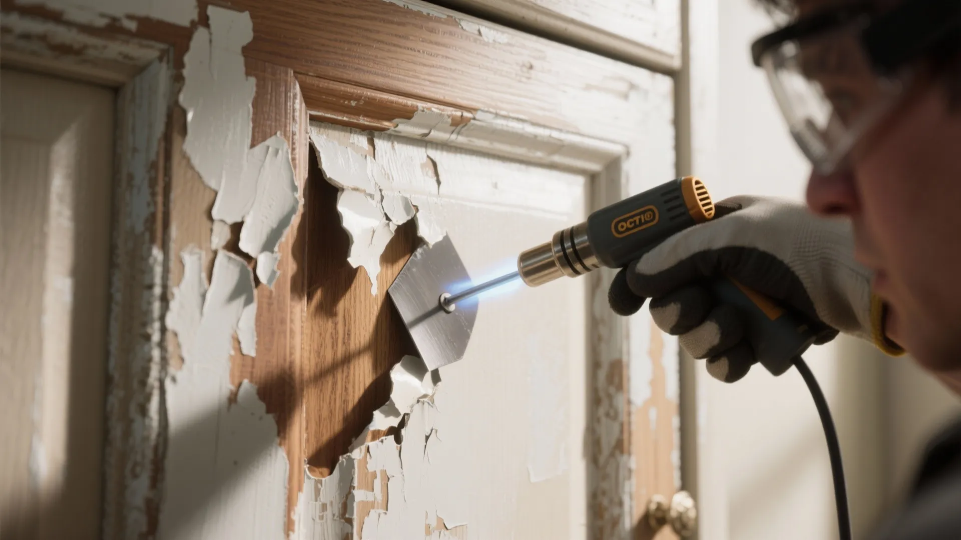 Person using a heat tool and metal scraper to remove old paint from wooden cabinets