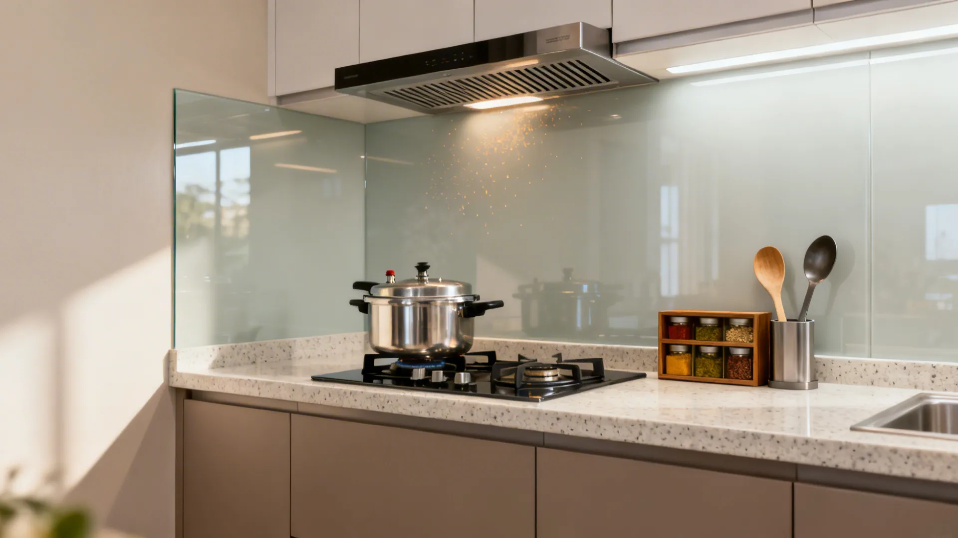 Stainless steel pot on gas stove with lighted vent hood in clean modern kitchen space