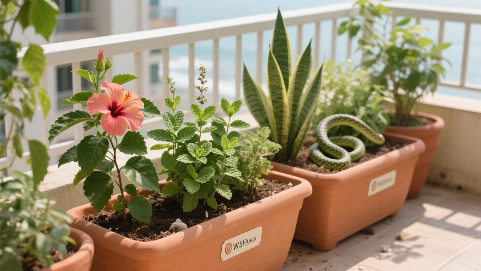 Zoned Chennai balcony plants including curry leaf, hibiscus, mint, and snake plant in terracotta and fiber pots.