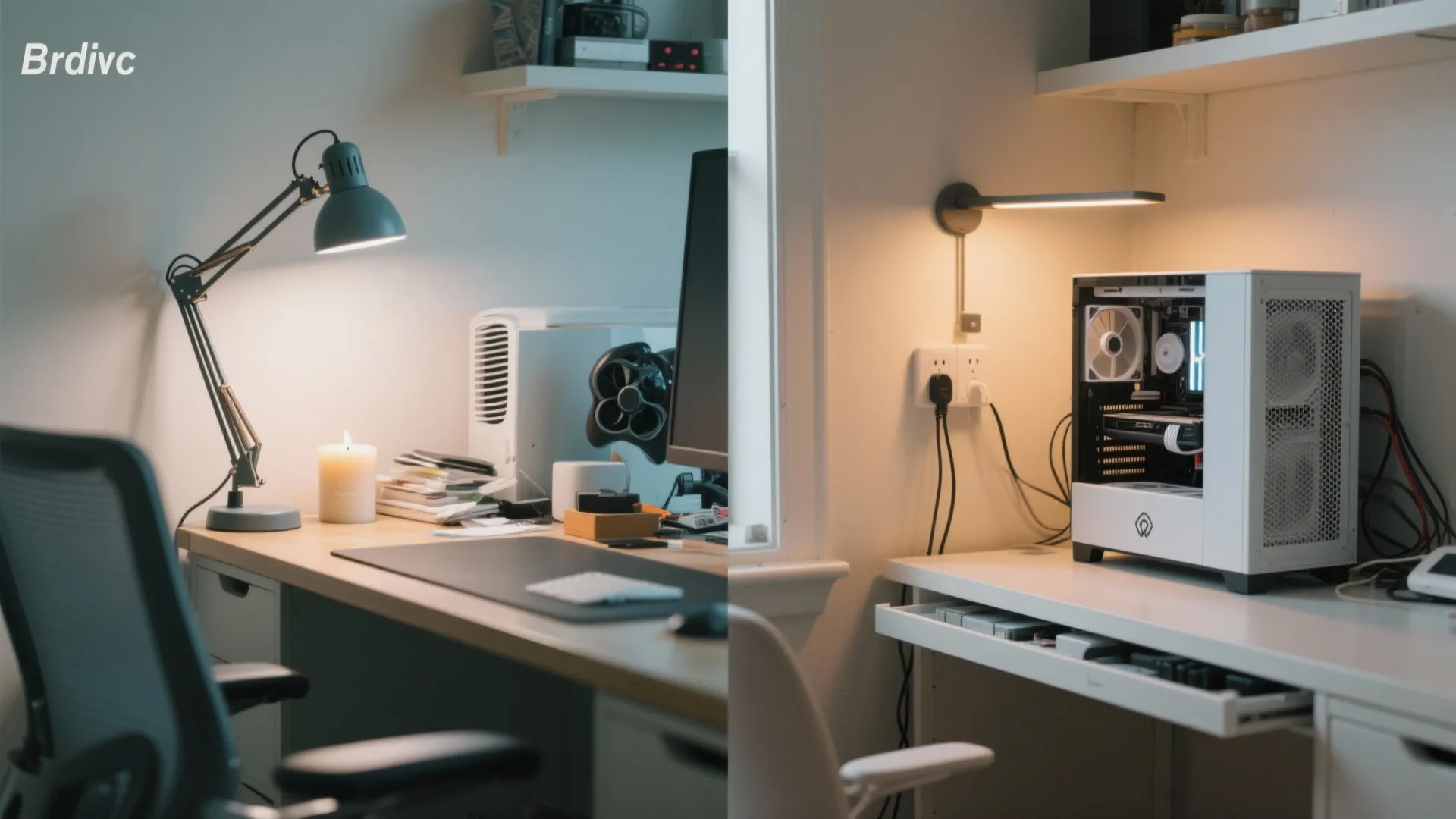 Side by side comparison of a dark home office desk and bright white computer setup