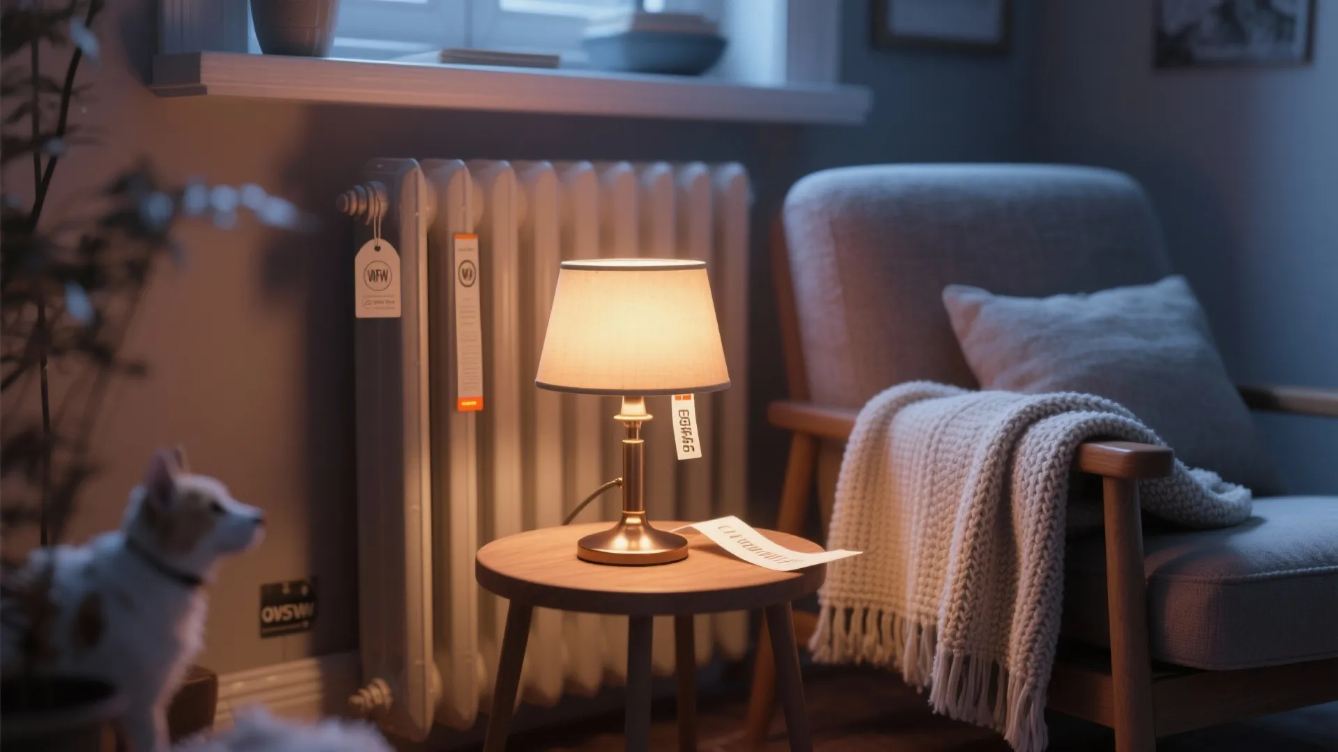 Cozy living room corner with table lamp armchair grey blanket radiator and a small white dog