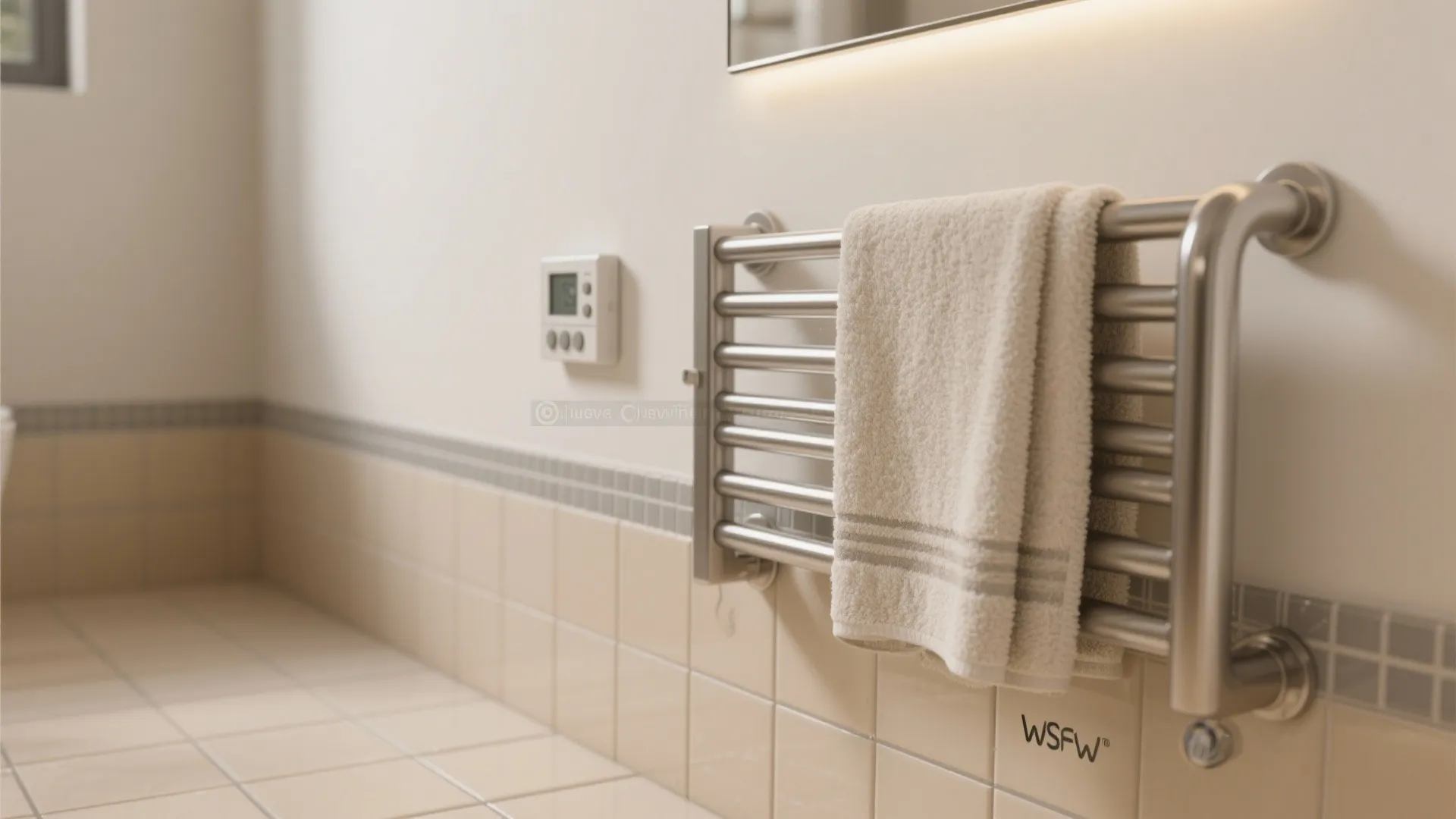 Modern bathroom wall featuring a stainless steel towel heater with a white hanging cotton towel