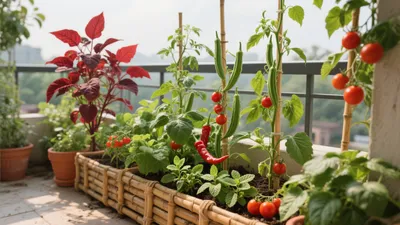 Balcony Vegetable Garden with Bamboo Planters