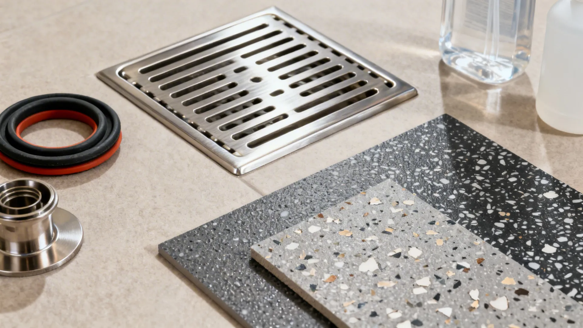 Flat lay of 316 stainless grates, heat-rated seals, and epoxy floor samples with anti-slip texture.