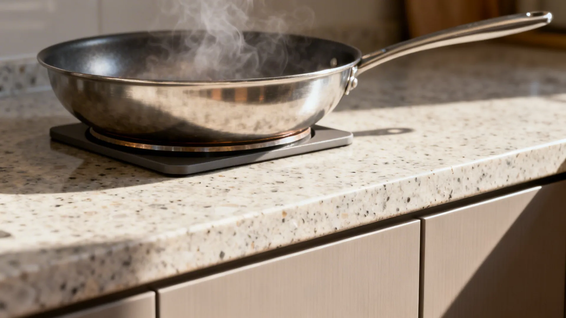 Close-up of a hot pan on a trivet protecting a quartz countertop near matte cabinetry.
