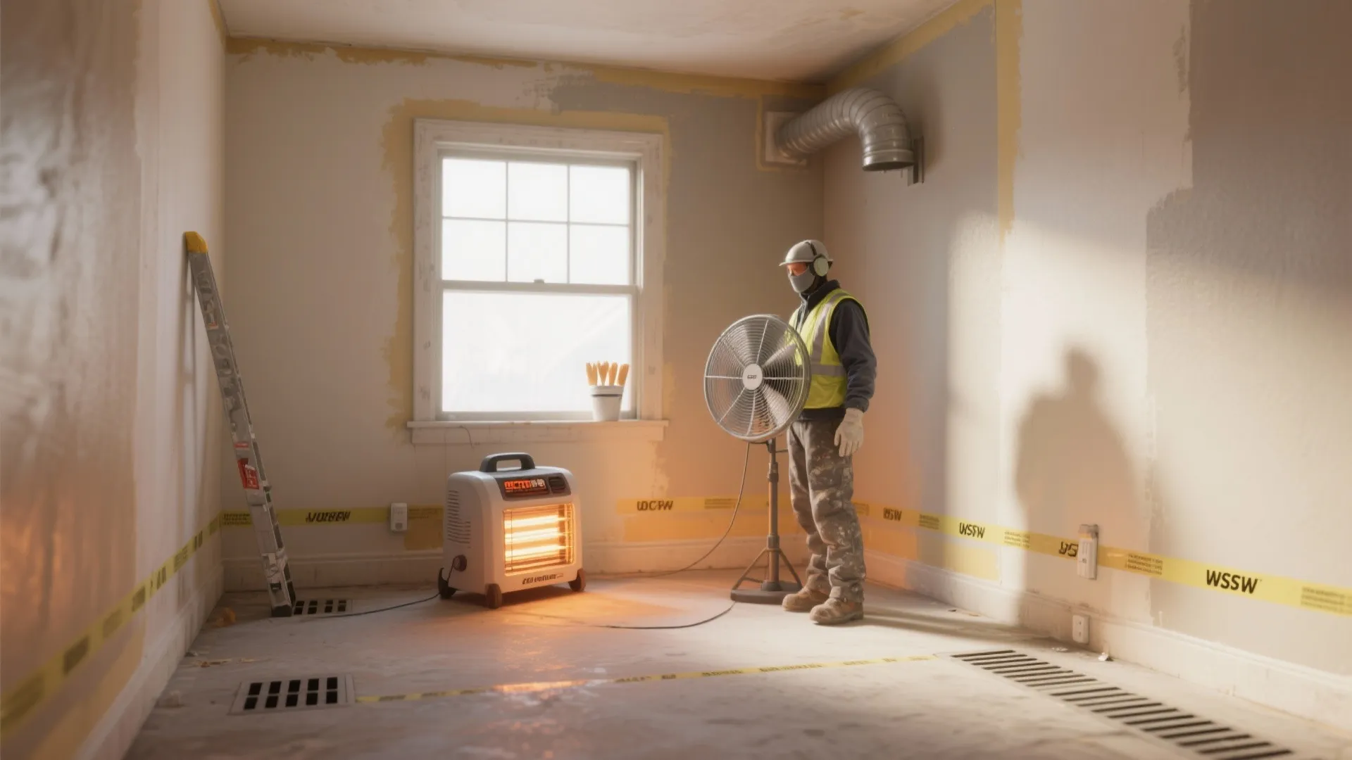 A worker using a portable heater and floor fan to dry a newly painted room