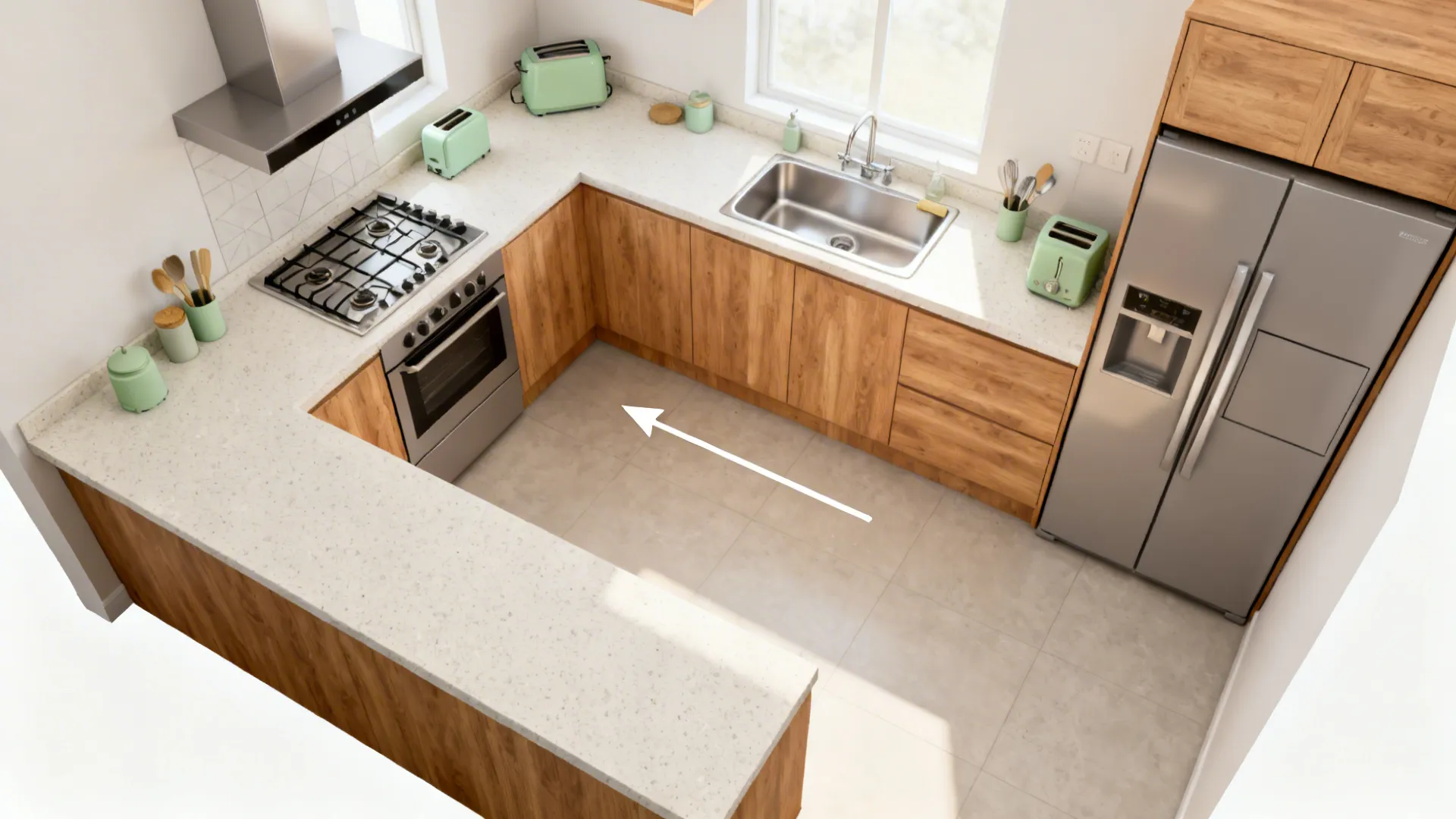 Top-down view of a compact kitchen with separated heat, water, and storage forming a clear triangle.