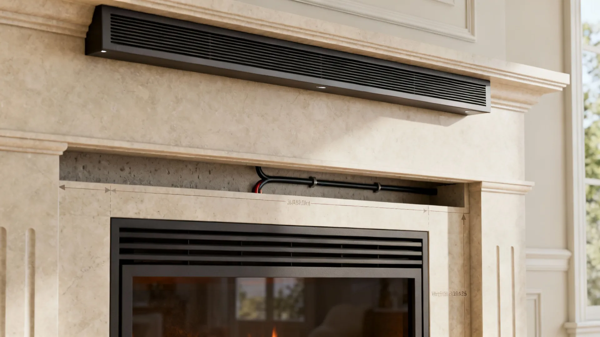 Close up of black electrical wires installed inside a stone fireplace mantel with dimension lines