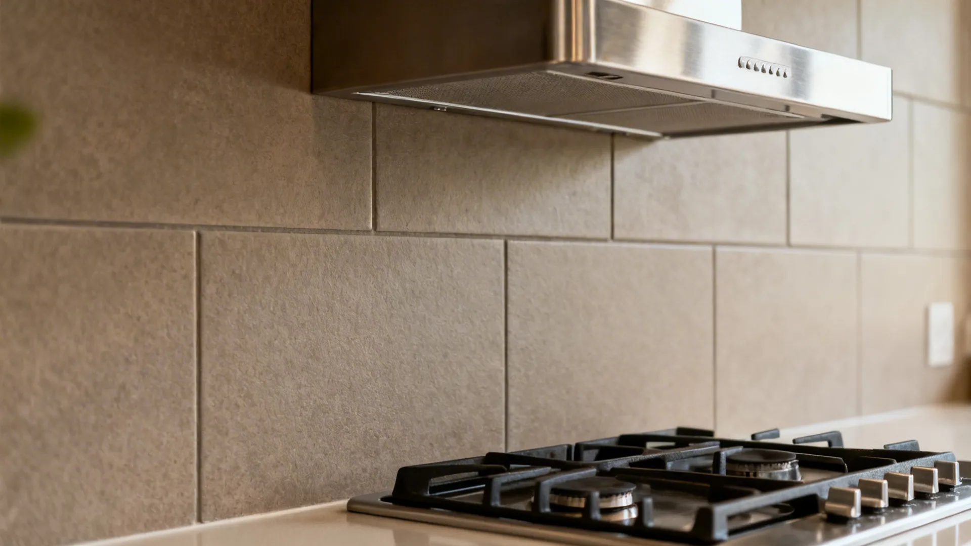 Close-up of matte backsplash and brushed steel hood showing clean textures near a compact cooktop.