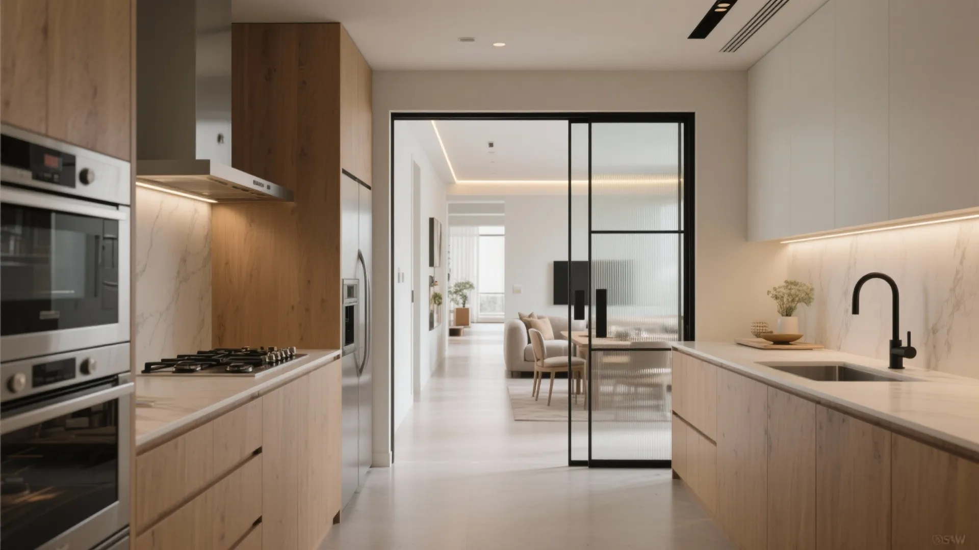 5) Heat-aware zoning: fixed glass near cooktop, operable panel by dining