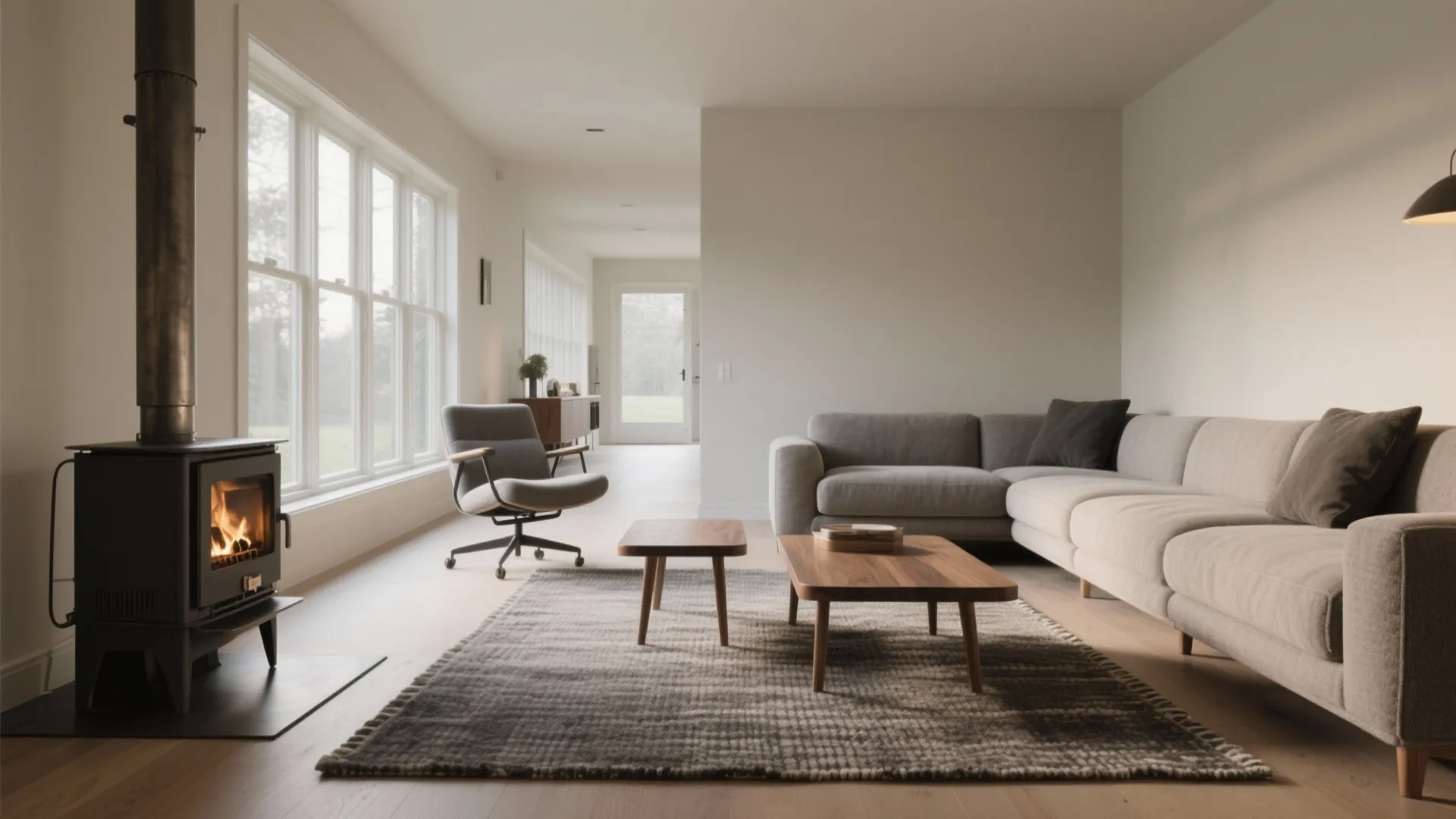 Long narrow living room showing a pellet stove with shallow sectional, swivel chair, and airflow-friendly zoning.