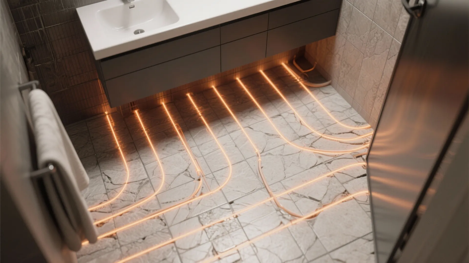 Modern bathroom floor with glowing orange heating pipes under white marble tiles and a sink