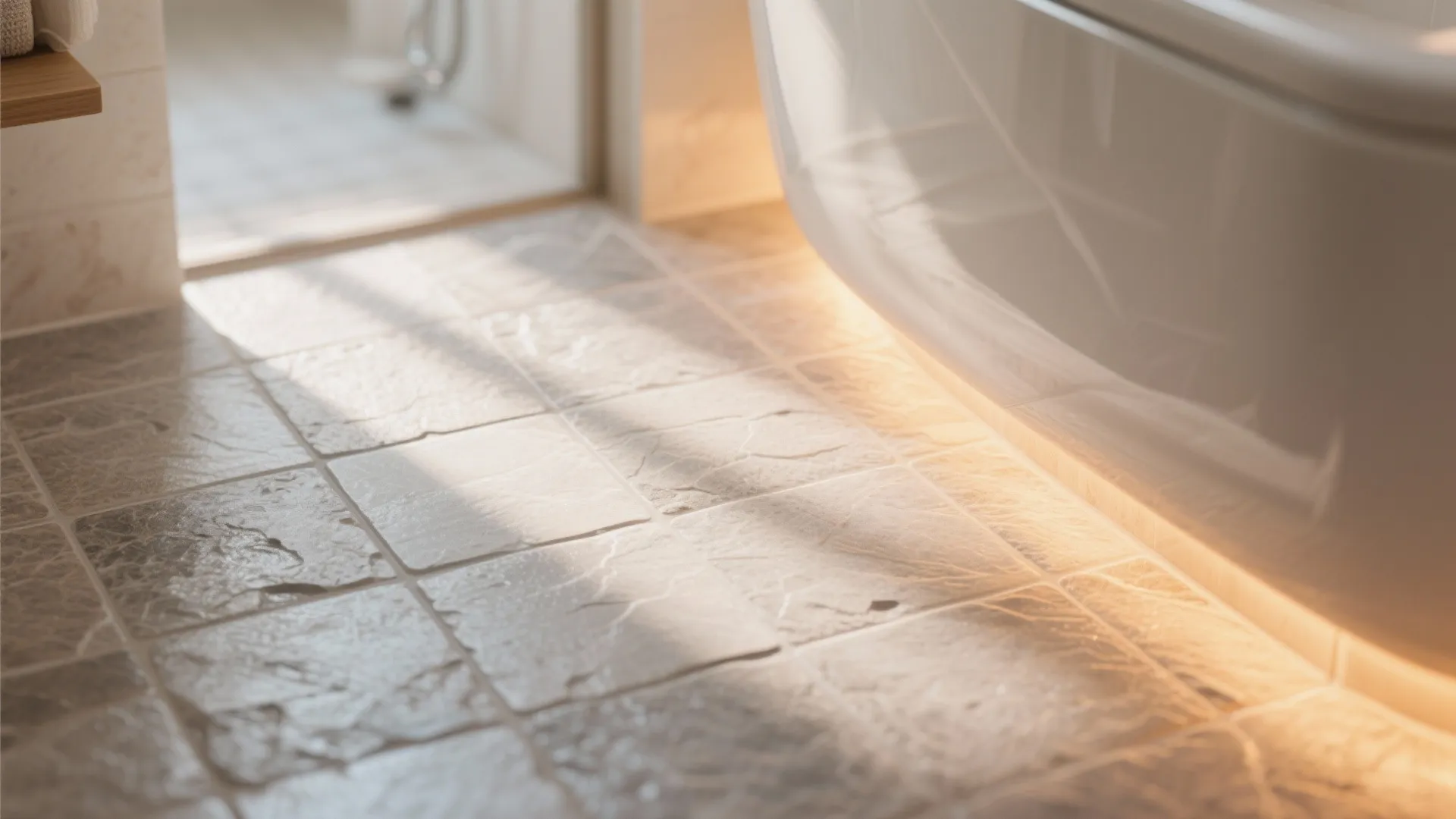 Close up of grey stone floor tiles in a bathroom with warm light under bathtub
