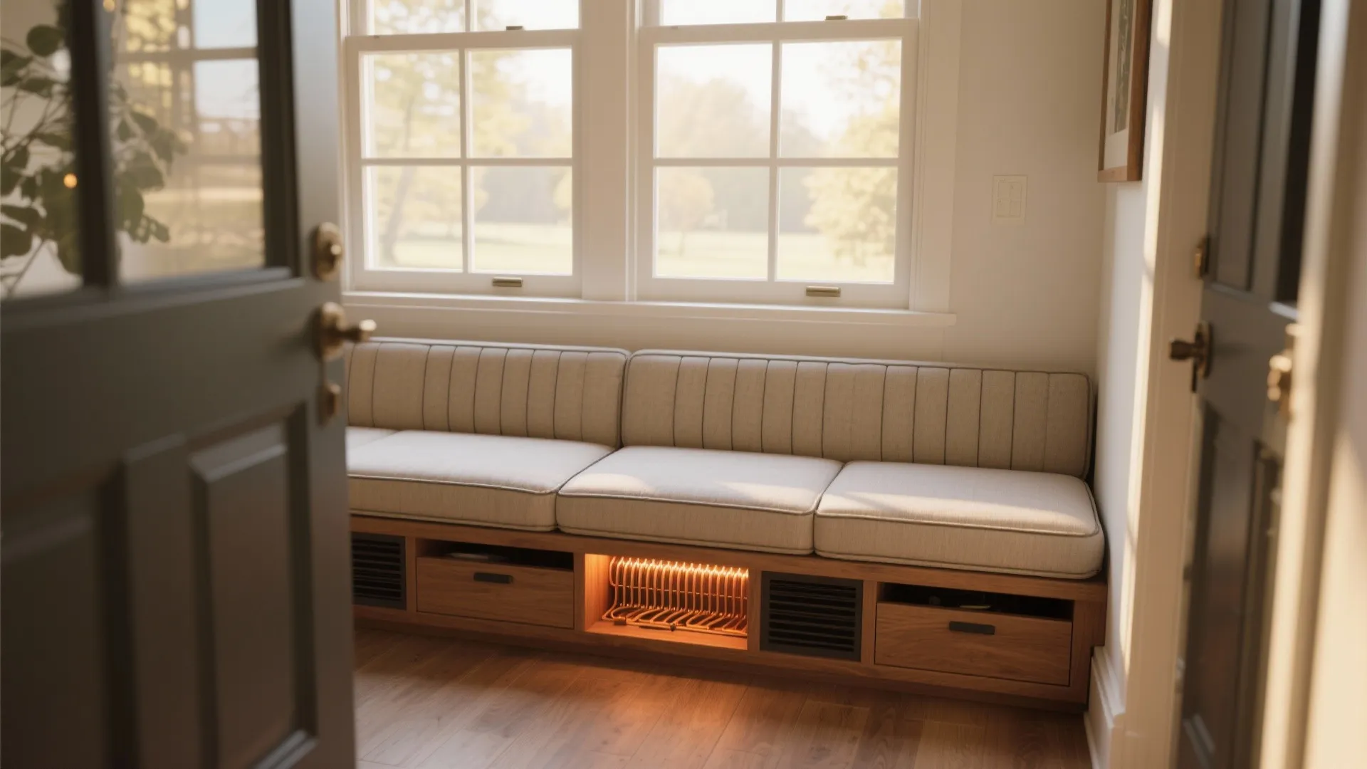 Modern window bench with light grey cushions and wooden storage drawers featuring an integrated heater