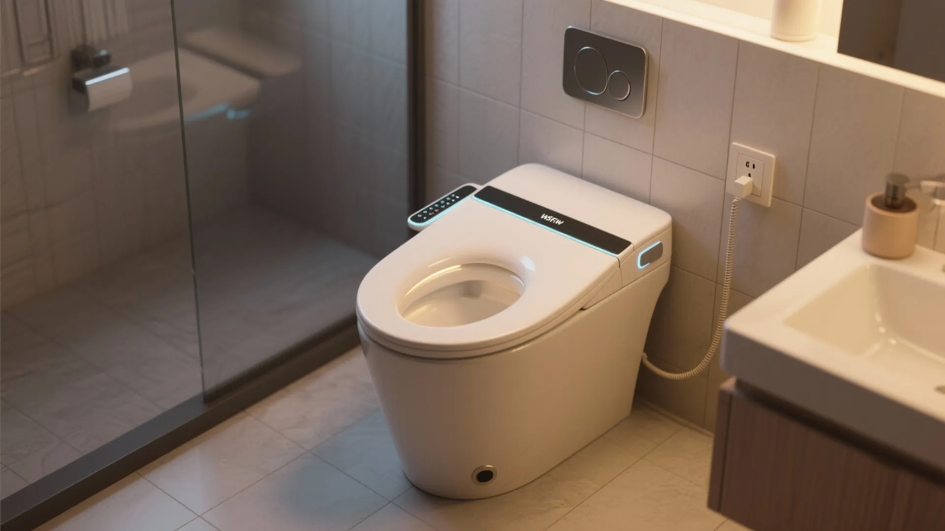 Modern toilet with heated bidet seat, subtle night light, and discreet side control in a clean small bathroom.