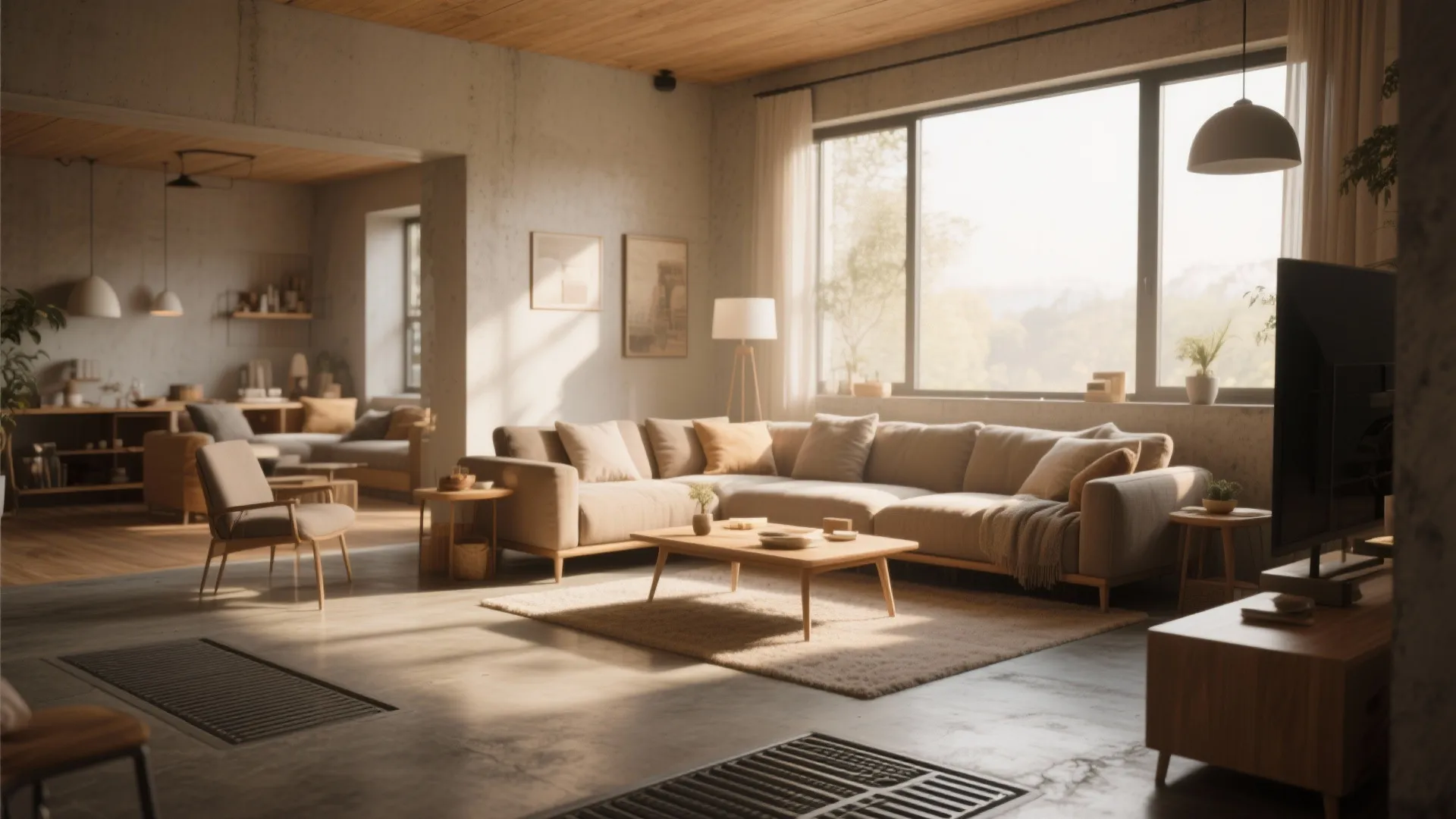 Modern living room featuring a large beige sectional sofa wood ceiling light and concrete floor