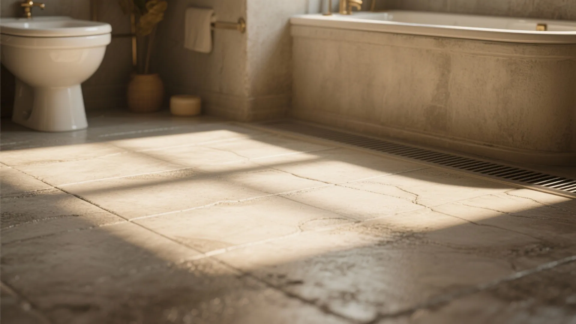 Modern bathroom floor with textured tiles natural sunlight next to a toilet and white bathtub