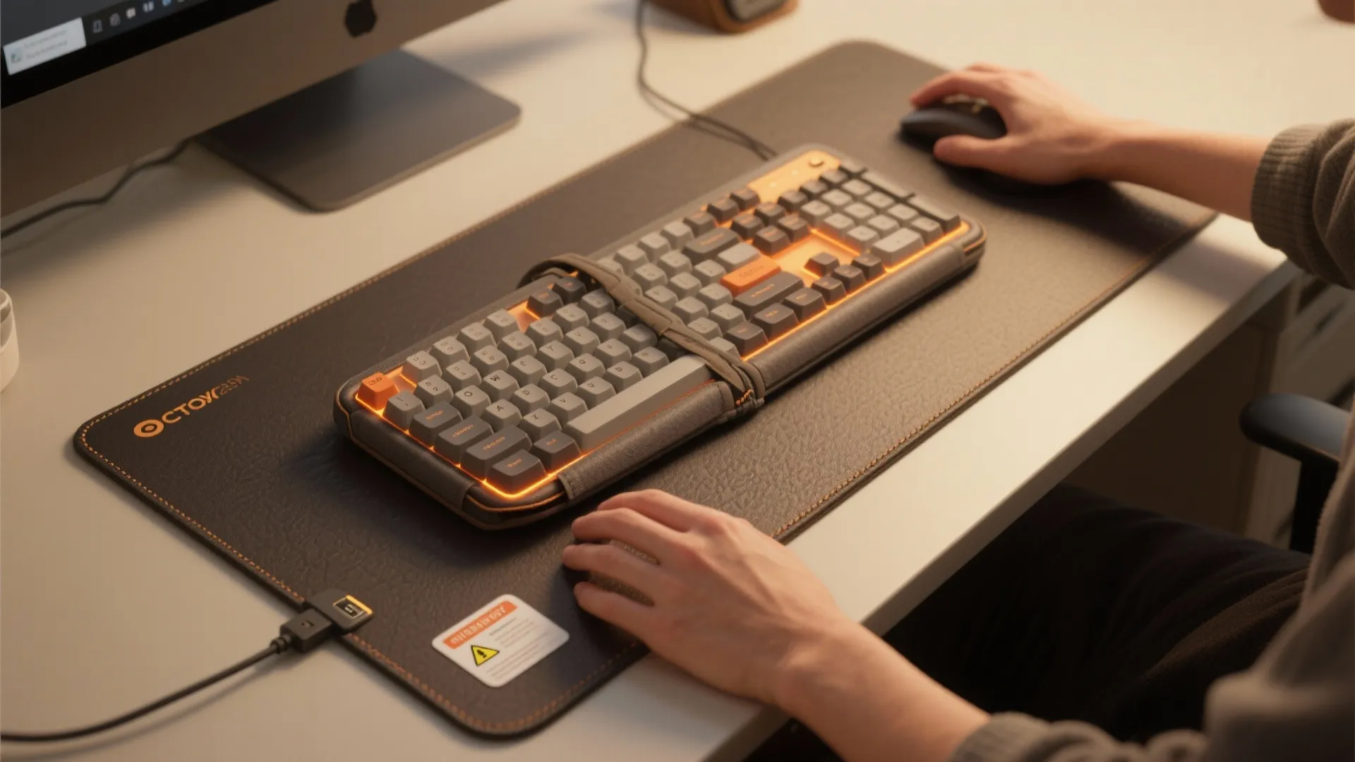 Person using a computer with a heated desk mat and backlit keyboard on white desk