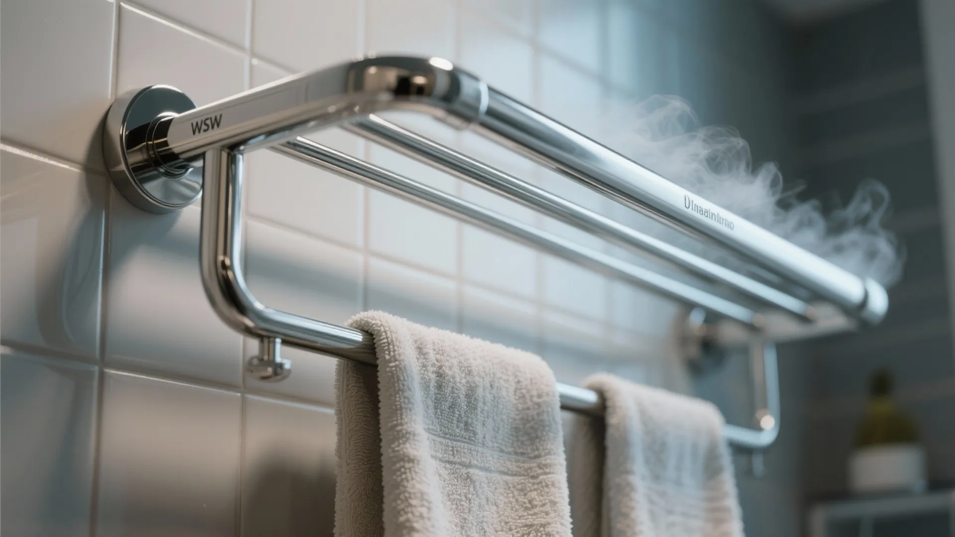 Metal wall light fixture for drying towels with steam rising from the heated bars indoors