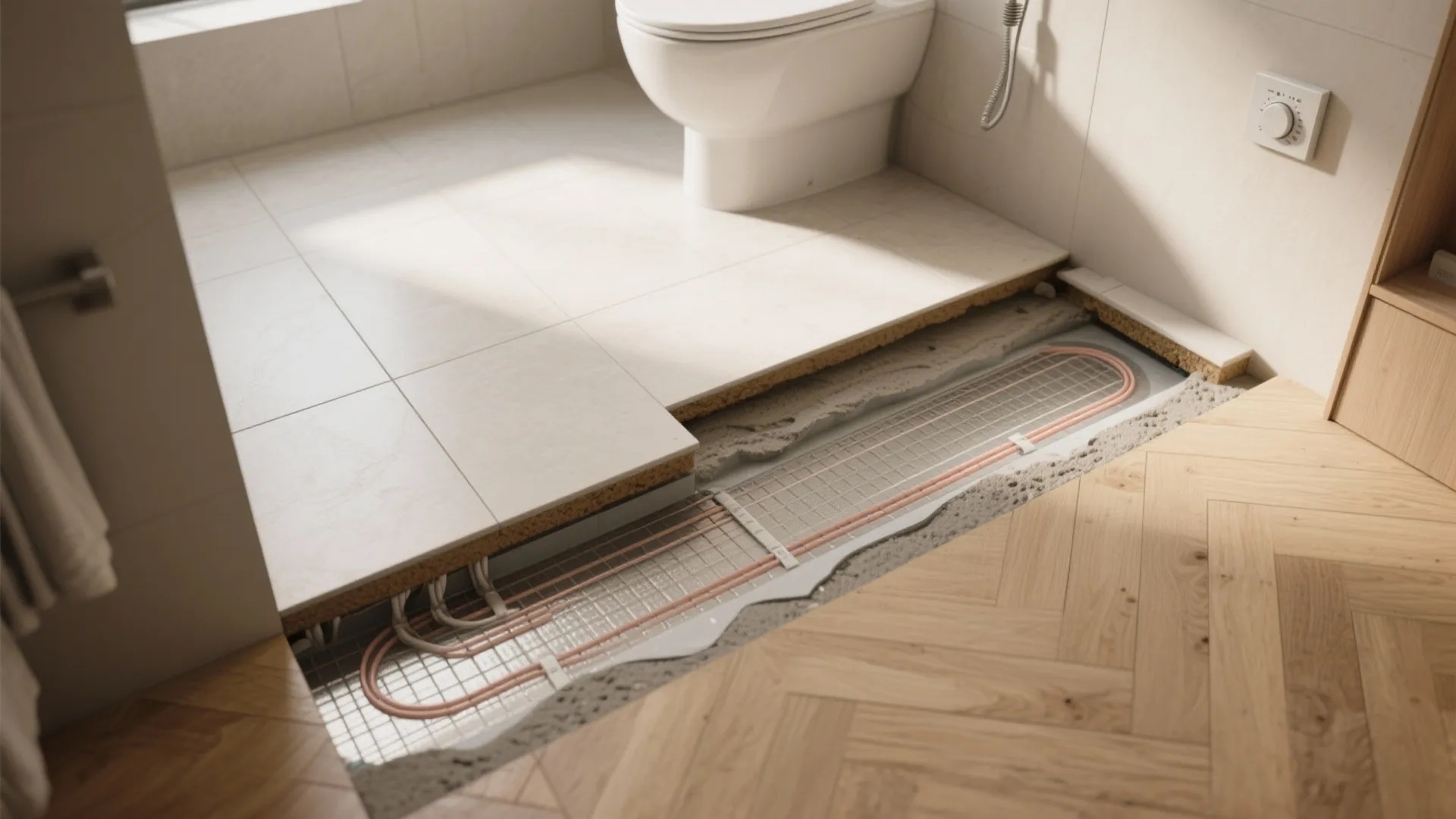 Interior design drawing showing underfloor heating pipes beneath bathroom tiles next to a white toilet