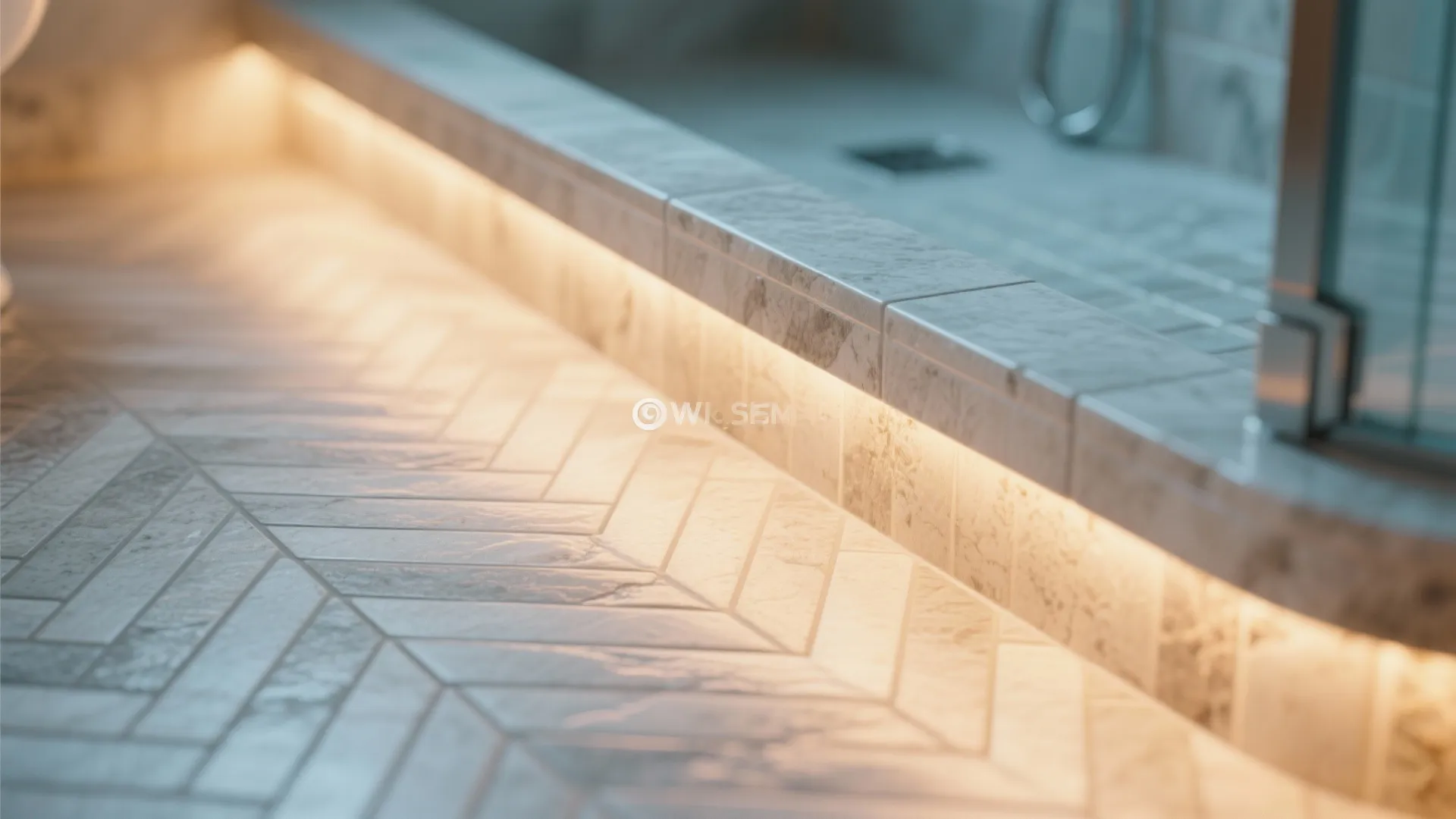 Close up view of floor tiles and warm light strip under a modern shower curb