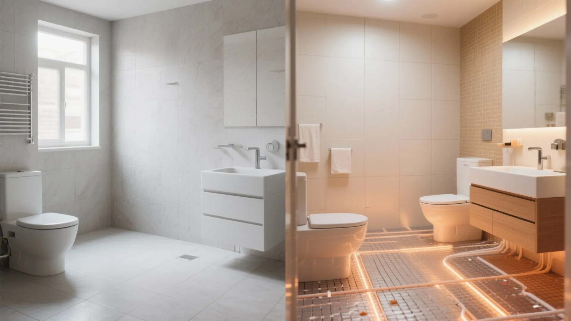 Before and after of heated bathroom floor under 12x24 tiles