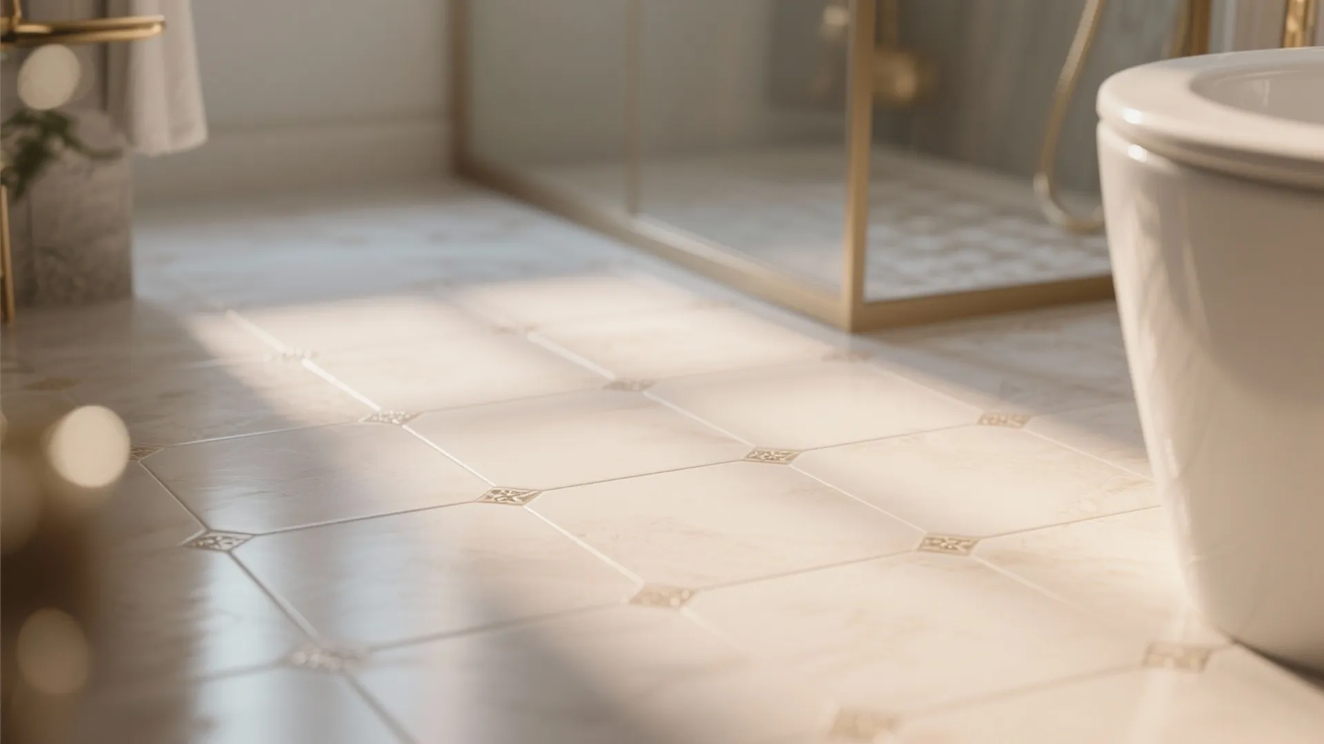 Close up of cream marble bathroom floor tiles with small diamond patterns and sunlight hitting surface