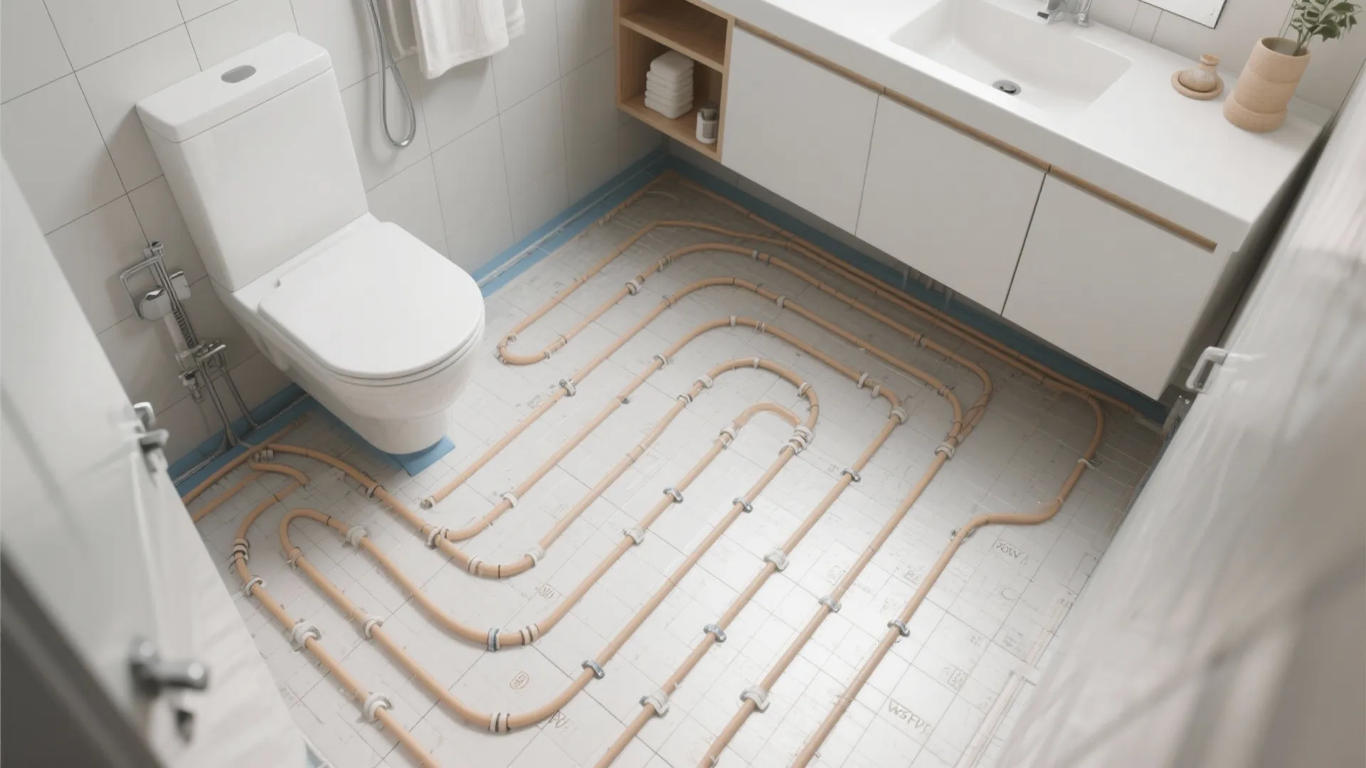 Underfloor heating system installation with orange pipes on bathroom floor near toilet and white sink cabinet