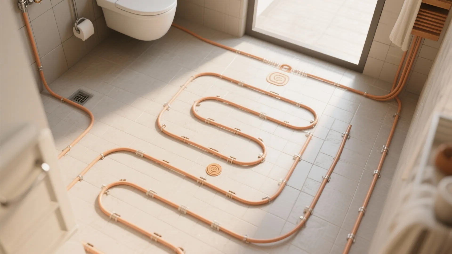 Bathroom floor heating system installation with orange pipes arranged in curves over grey floor tiles