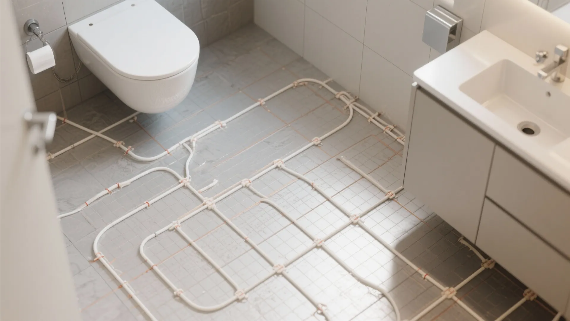 Modern bathroom during installation showing white floor heating pipes under tiles near toilet and sink